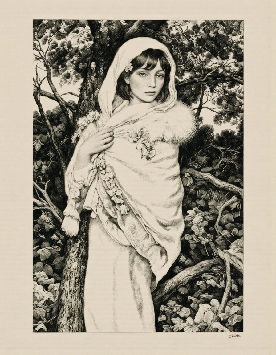 VanZoura style. A black and white etching of a young woman standing in a wooded area, wrapped in a white shawl, looking over her shoulder with a contemplative expression. the woman, who appears to be in her late teens or early twenties, has short, straight hair styled in a bob cut with bangs framing her face. she is standing in the middle of the image, with her upper body visible from behind, and her hands are clasped together in front of her chest. her face is turned slightly to the side, and she has a serene expression. her clothing is a simple white dress with a fur stole draped over her shoulders, which is adorned with small, delicate flowers. the background is filled with trees and foliage, creating a peaceful and serene atmosphere. the etching is signed "ORTIZ" in the bottom right corner, adding a personal touch to the artwork. the artist's signature is also visible in the lower right corner. the overall style is elegant and timeless, with a focus on the woman's delicate features and the texture of her fur stole.
1girl, solo, looking at viewer, short hair, black hair, dress, closed mouth, standing, full body, flower, hair ornament, hood, from side, profile, hand on own chest, scarf, tree, scarf around neck, white dress, hooded cloak, fur stole
camera_angle: profile, art_style: etching, location: woods, background: dense foliage with branches and flowers, text: NA, distance_to_camera: upper body, clothing: white cloak with fur trim, image_composition: middle, pants: N/A, accessory: hair ornament on head, shoes: NATURAL, action: standing, facing_direction: facing away, eye_direction : NA, facial_expression: thoughtful, ear: N /C, eyes_color: SE, gender: 1woman, hair_color : black, hair style: bob cut, race: light skin, body: slim