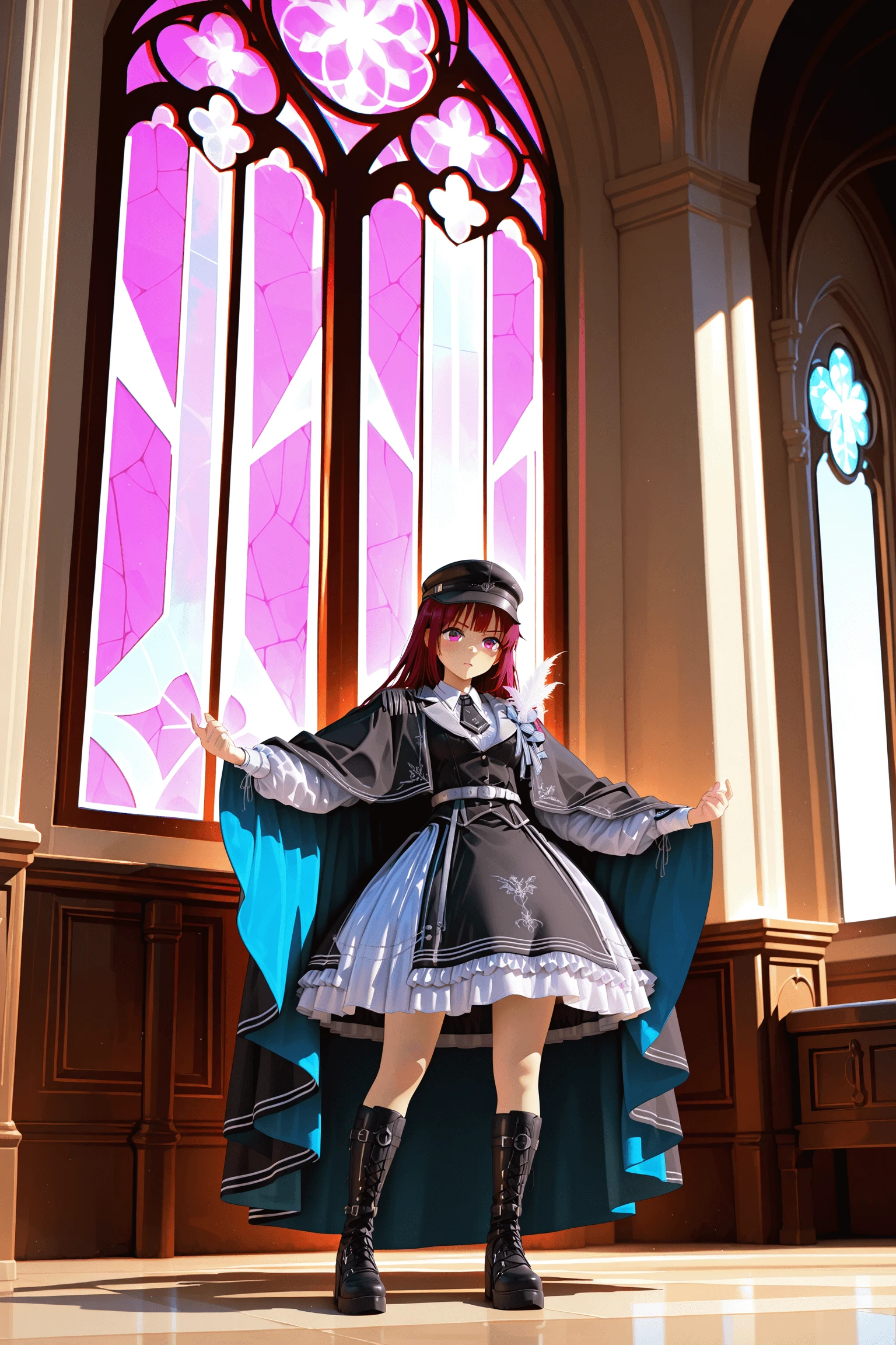 1girl, standing on cathedral floor, stained glass windows, glowing light through window, cape fluttering, arms extended, dramatic lighting, intense gaze, determined expression, gothic atmosphere, solo, full body,<lora:darkknightV1Dim32alpha8_illustrious:1>,darkknight_dress,white skirt,black dress, frilled dress,long sleeves,white shirt,silver buckle ,black cloak,,black ascot ,,epaulettes ,feather ornament, chain, silver embroidery,striped ribbon, white collar,leather military hat, masterpiece, best quality, amazing quality, newest,detailed face, beautiful eye