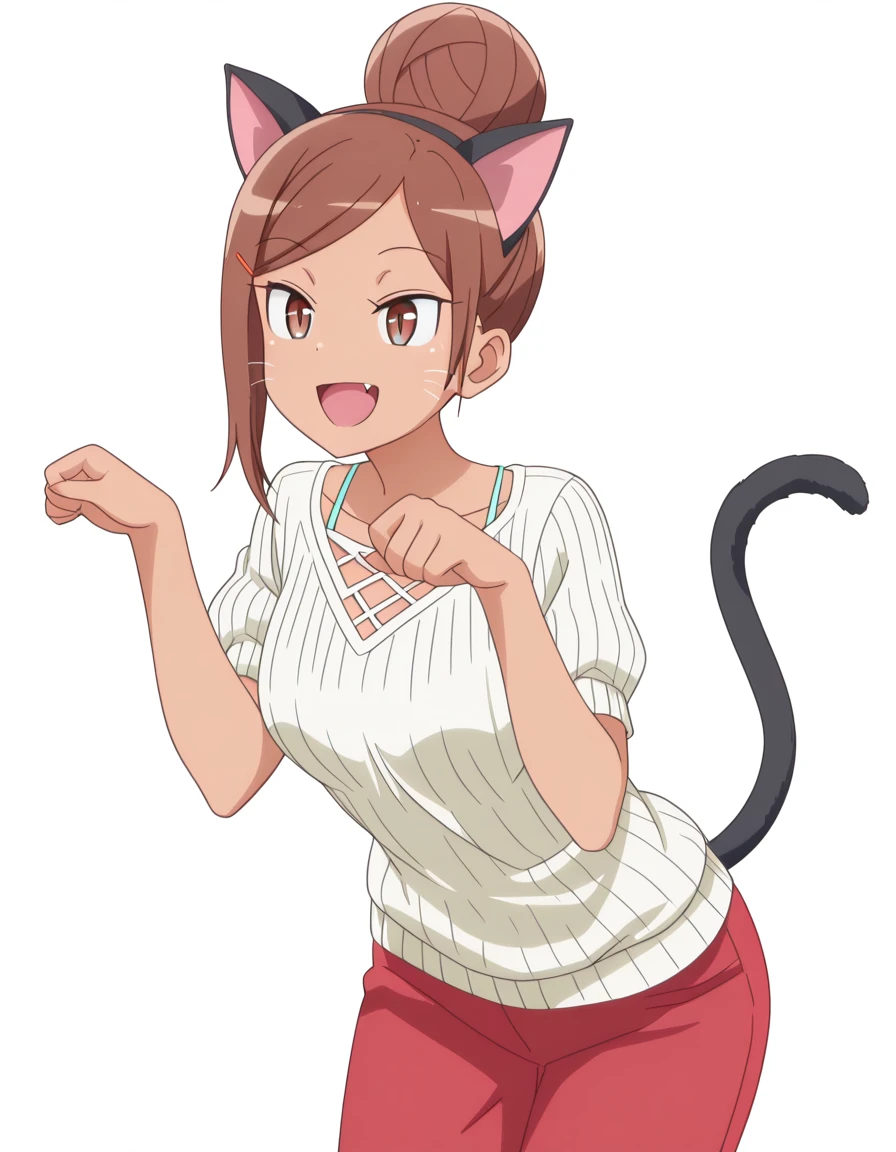 masterpiece, best quality, amazing quality,, <lora:ayaka-uehara-s1-illustriousxl-lora-nochekaiser:1>, ayaka uehara, brown hair, hair ornament, brown eyes, hairclip, dark skin, hair bun, dark-skinned female, single hair bun, mature female, , anime screencap, <lora:paw-pose-illustriousxl-lora-nochekaiser:1>, paw pose, cat ears, cat tail, animal ears, tail, cat girl, open mouth, fang, whiskers, smile, cowboy shot, hands up,, , <lora:transparent-background-illustriousxl-lora-nochekaiser:1>, transparent background, simple background, white background