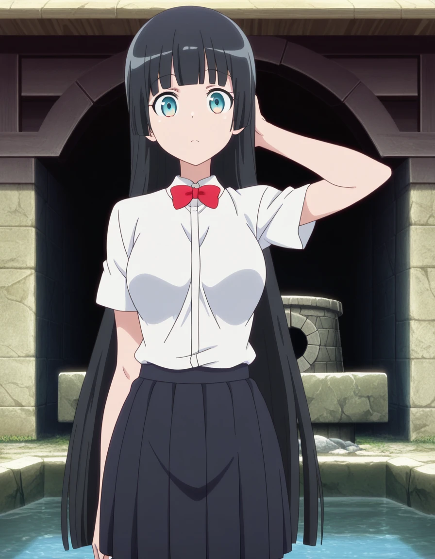 masterpiece, best quality, amazing quality,, <lora:akemi-souryuuin-s1-illustriousxl-lora-nochekaiser:1>, akemi souryuuin, long hair, bangs, black hair, very long hair, blunt bangs, aqua eyes, hime cut, mature female, medium breasts, anime screencap, skirt, shirt, bow, white shirt, short sleeves, collared shirt, bowtie, red bow, red bowtie,, hand behind head, , well, water, stone, old, deep, cowboy shot, solo, looking at viewer,