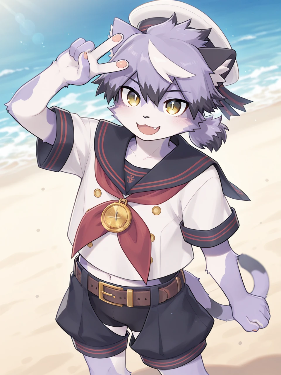 (masterpiece, best quality, very aesthetic, newest, 2024:1.2),
j0ez3n,furry, furry male, male focus, 1boy, solo, cat boy, yellow eyes, sailor hat, sailor uniform, red neckerchief, compass necklace, belt, crotchless shorts, black male , looking at viewer, navel, v-cut, looking at viewer, smile,open mouth, fang,simple background,beach,
<lora:Joezen:1>