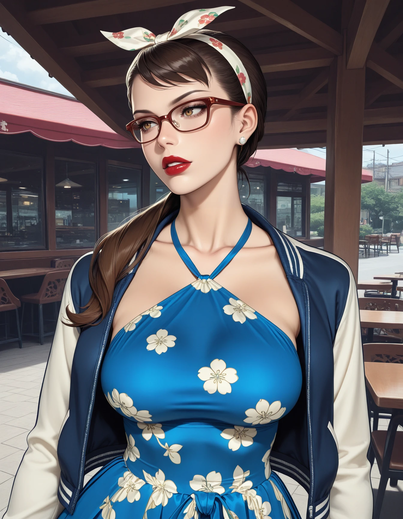 1girl, chun li, blue halter sundress, red lips, horn-rimmed glasses, outdoors, curled low ponytail, upper body, collarbone, restaurant, hairband, hairbow, miniskirt, flowing skirt, varsity jacket, floral print dress, parted lips, medium breasts <lora:Rockabilly-ILXL-000005:0.8> masterpiece, best quality, very aesthetic, newest
