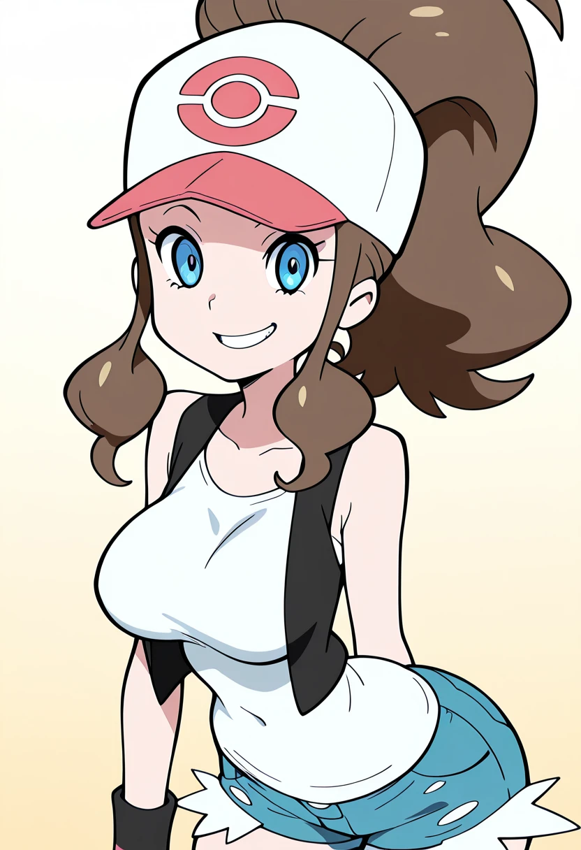 masterpiece, best quality, solo, curvy, beautiful eyes, narrow waist, wide hips, 1girl, solo, smile, looking at viewer, foreshortening, close up, ,<lora:PinkLemonadeStyle_IXL_v1:1.0>, BREAK, zzHilda, blue eyes, long hair, high ponytail, sidelocks, hat, collarbone, white shirt, black vest, sleeveless, wristband, short shorts, denim shorts, exposed pocket, <lora:HildaPokemonIXL_e08:1.0>,