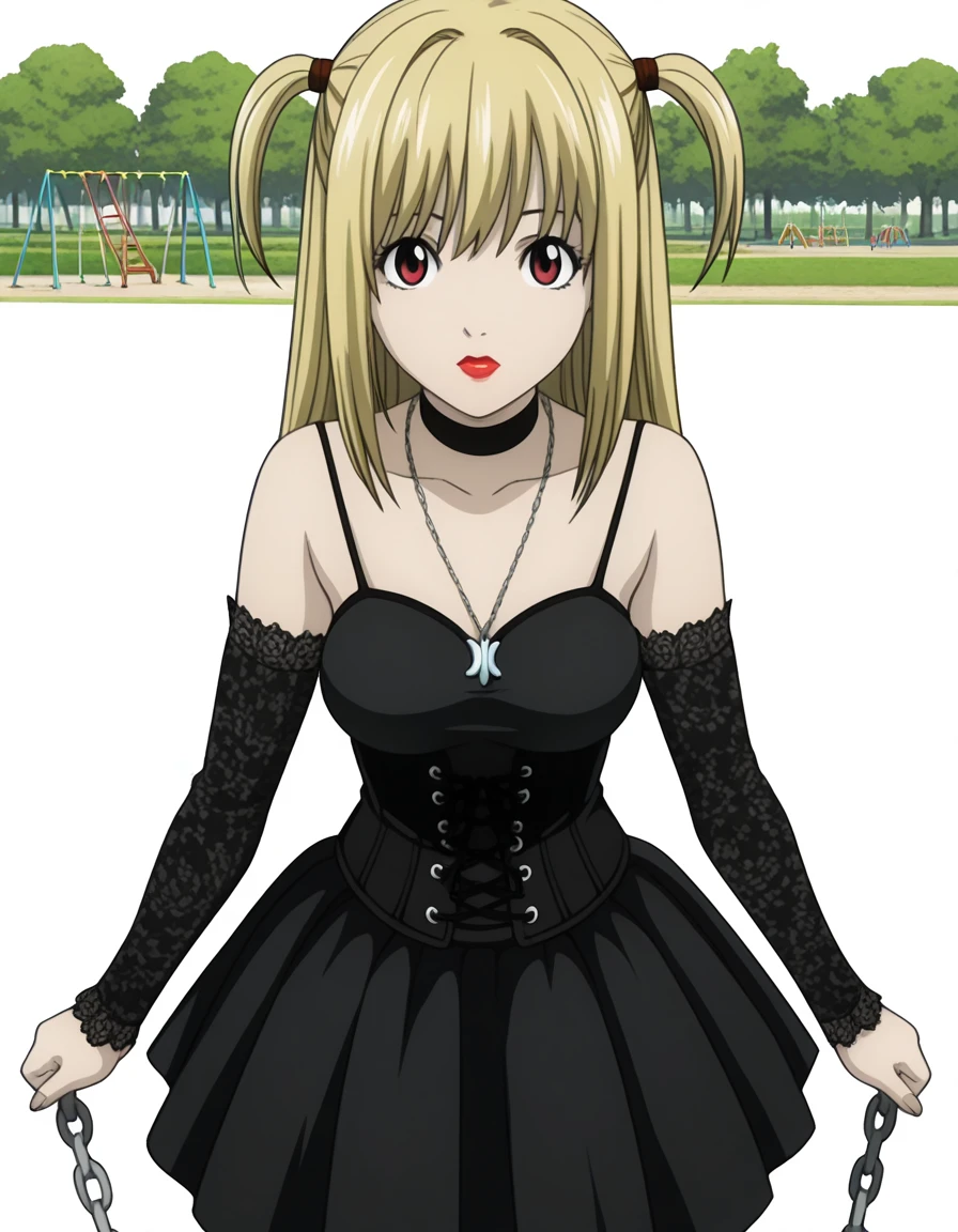 masterpiece, best quality, amazing quality,, <lora:misa-amane-anime-illustriousxl-lora-nochekaiser:1>, misa amane, long hair, blonde hair, red eyes, two side up, mature female, medium breasts, anime screencap, skirt, dress, jewelry, detached sleeves, choker, necklace, black dress, cross, goth fashion, lace, lace-trimmed sleeves, spaghetti straps, corset, pleated skirt, black skirt, makeup, lipstick, from above,, public park, playground, swing set, laughter, sunny day, cowboy shot, solo, looking at viewer, <lora:transparent-background-illustriousxl-lora-nochekaiser:1>, transparent background, simple background, white background