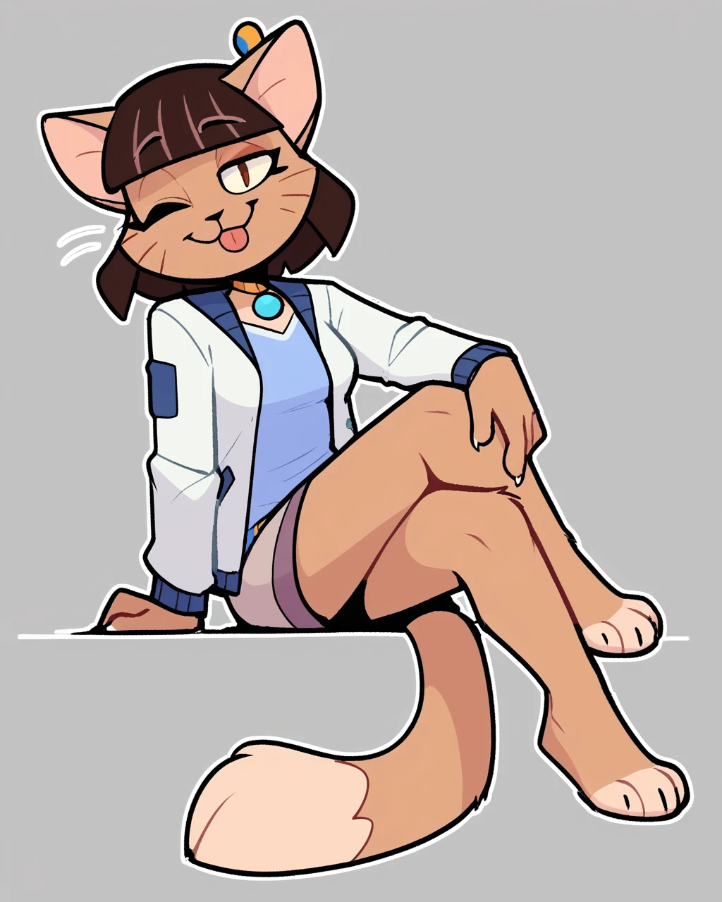 score_9_up, score_8_up, score_7_up, score_6_up, by remanedur, furry, female, cat, brown hair, blunt bangs, short hair, whiskers, hair ornament, medium breasts, barefoot, brown eyes, white jacket, open jacket, skirt, blue shirt,  looking at viewer, happy, smile, wink, crossed legs, tongue out, blep, head tilt, solo, three-quarter view, sitting, simple background, white outline,  <lora:Leah_Pines(AIM)_XL_v1:0.15> <lora:PDXL_artist_tags_v2_big:0.5> <lora:The-Minuscule-Task_PDXL_v1.0:0.6>  <lora:Mau_Joshdamn23:0.75>