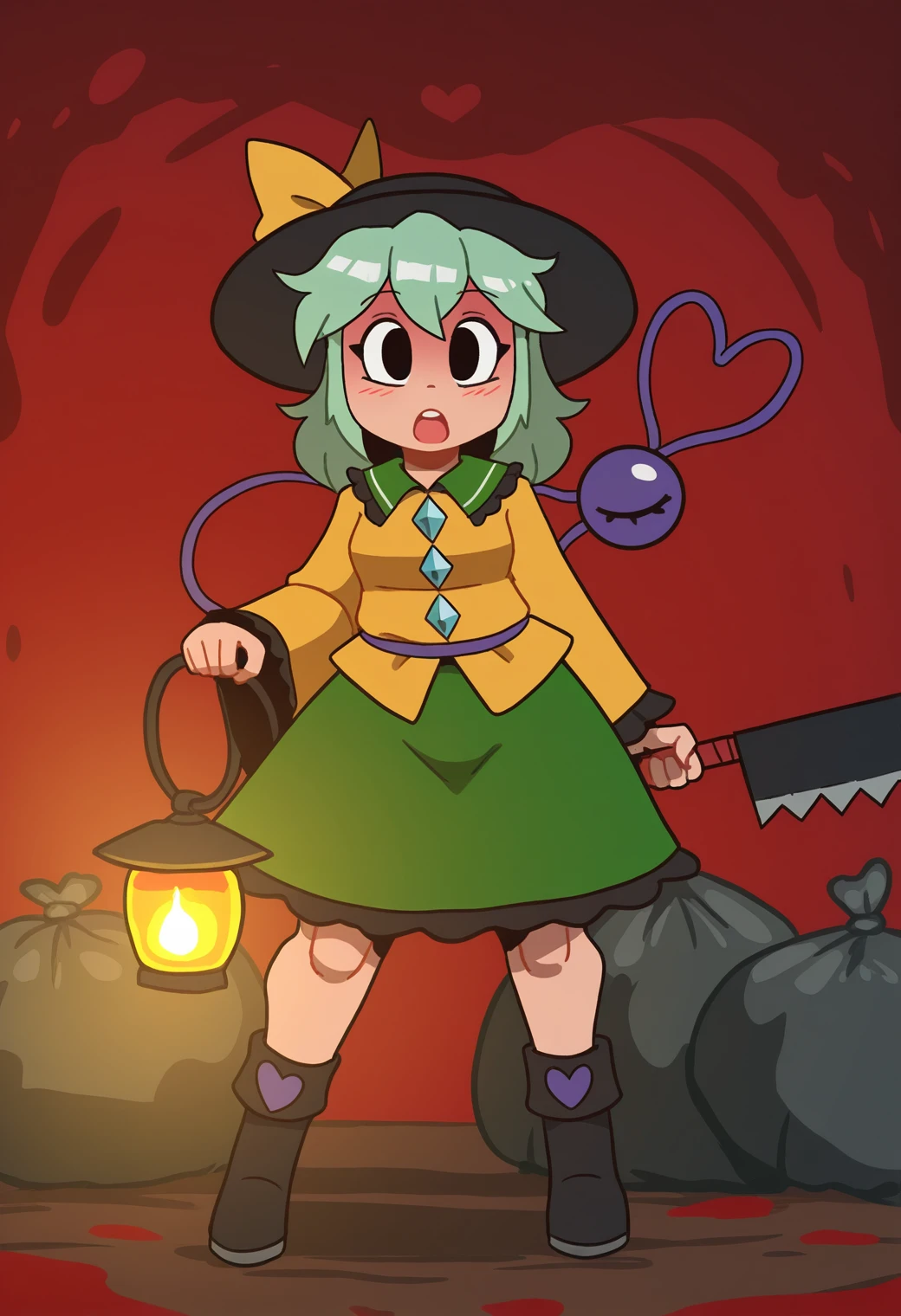 <lora:MCNsKeyKockM:1> MCNsVk0ke,komeiji koishi, 1girl, ankle boots, black eyes, black footwear, black hat, blood, blood trail, blouse, blush, boots, bow, buttons, diamond button, frilled shirt collar, frilled sleeves, frills, full body, green hair, green skirt, hat, hat bow, hat ribbon, heart, heart of string, holding, holding lantern, holding saw, lantern, looking at viewer, medium hair, open mouth, ribbon, saw, shirt, skirt, solo, third eye, trash bag, wide sleeves, yellow bow, yellow ribbon, yellow shirt,,,