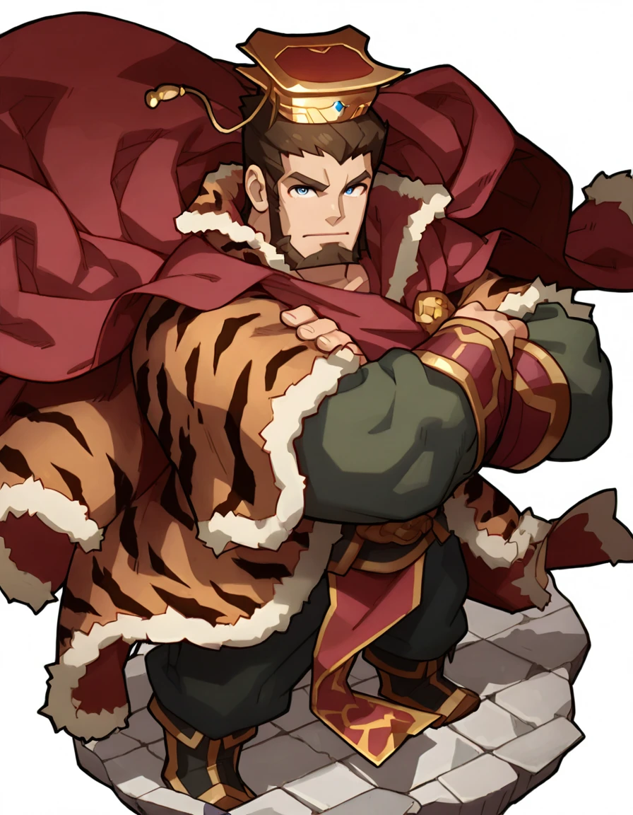 masterpiece, best quality, perfect quality, very awa, absurdres, newest, very aesthetic, absolutely eye-catching, intricate details,@sunquan, 1boy, blue eyes, boots, brown hair, chinese emperor crown, closed mouth, crossed arms, floating cape, full body,fur-trimmed jacket,  tiger print jacket, green pants, looking at viewer, male focus, mature male, red cape, short hair, sideburns_goatee_chin_curtain, solo, standing, thick eyebrows, white background, <lora:sunquan-000007:1>,