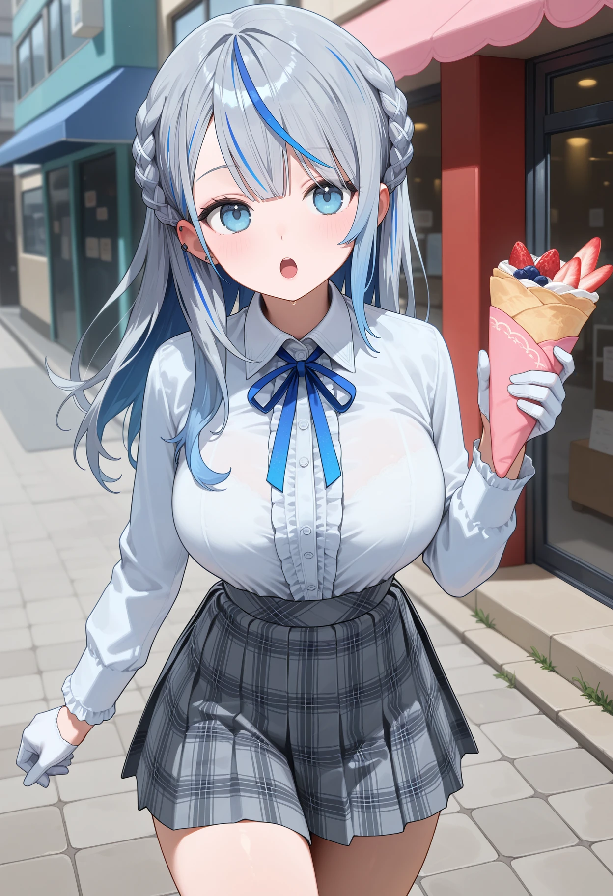 best quality, masterpiece, 1girl, aaruka, long hair, streaked hair, grey hair, braid, ear piercing, blue eyes, school uniform, neck ribbon, center frills, collared shirt, white shirt, long sleeves, white gloves, plaid skirt, grey skirt, <lora:amagai_ruka_ilxl_v1:0.9>, walking, cowboy shot, holding food, crepe, open mouth, street, solo,