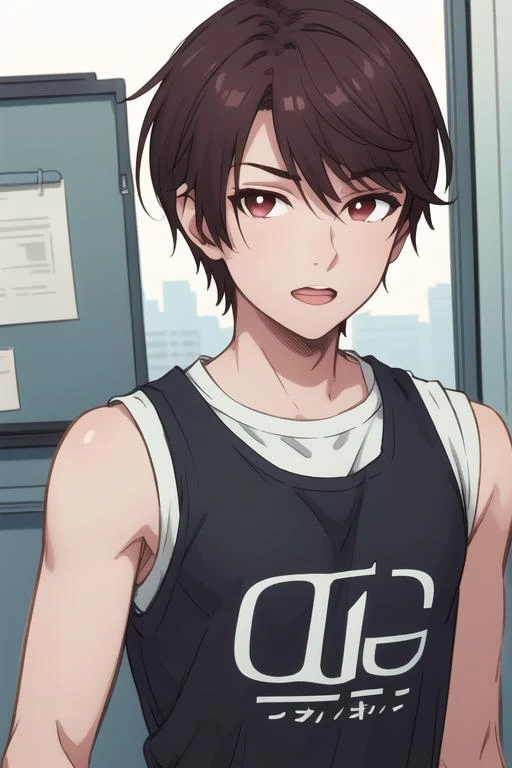 A young man in black short sleeves, half-squatted, sideways, with a smug expression, in the room