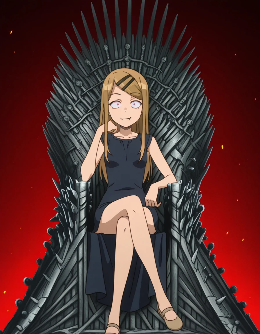 masterpiece, best quality, amazing quality,, <lora:saya-endou-s2-illustriousxl-lora-nochekaiser:1>, saya endou, long hair, blonde hair, hair ornament, brown eyes, hairclip, fang, wide-eyed, constricted pupils, sanpaku, mature female, small breasts, anime screencap, <lora:iron-throne-illustriousxl-lora-nochekaiser:1>, iron throne, sitting, looking at viewer, sword, throne, sitting on throne, smile, full body, elbow rest, crossed legs, ,
