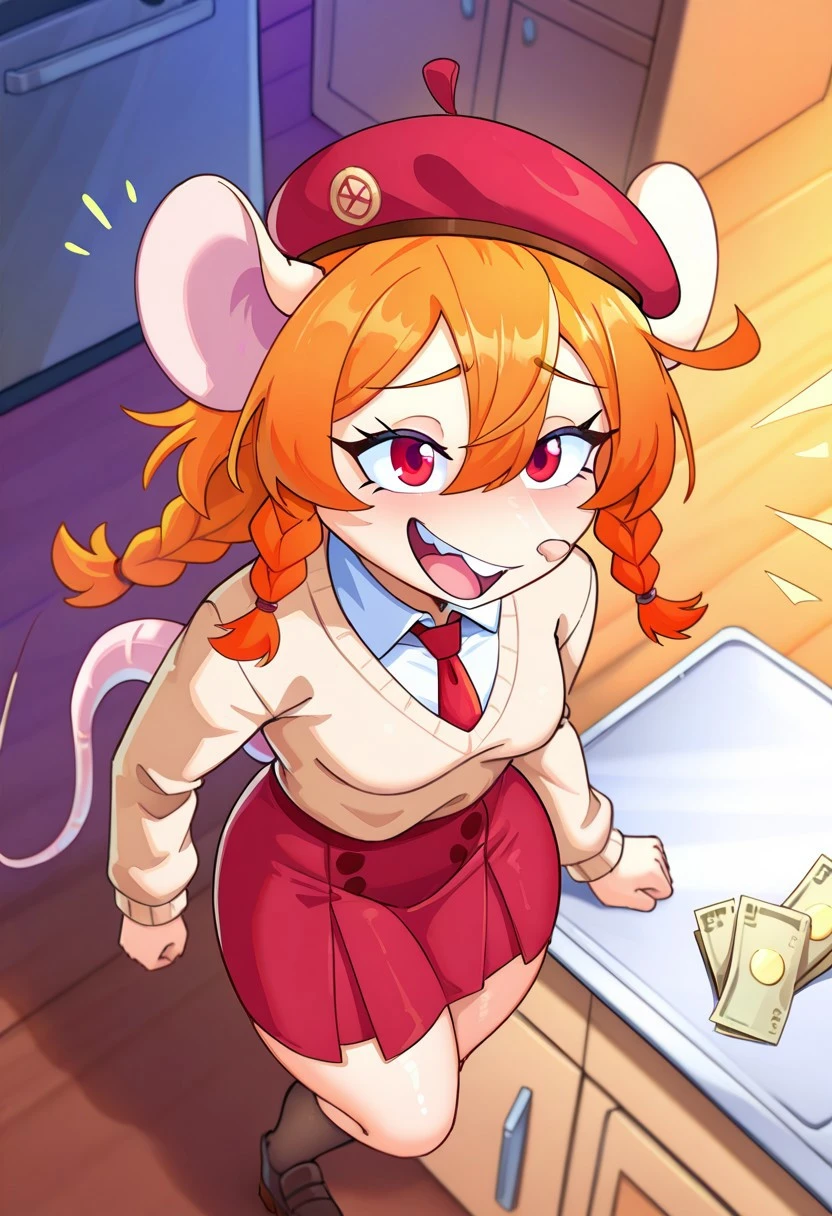 SkyKainIChooseYou, 1 girl, rat girl, anthro, solo, hair between eyes, orange hair, single braid, red eyes, (TretchSkKain:1.3), MiddleYellowRedFurTretch, VeryPaleOrangeUnderfurTretch, red eyes, TretchEars, TretchHair, DeepTaupeNoseTretch, small , shorty, short stack, rat tail, beige sweater west, red tie, white shirt, red skirt, small beret on the side of her head, laughing throwing money at you, from above, indoors, kitchen
masterpiece, best quality, newest, absurdres, highres, ,amazing quality, (masterwork, masterpiece, best quality, hyper-detailed, 8k uhd::1.4), masterpiece,best quality,amazing quality,very aesthetic,high resolution,ultra-detailed,absurdres,newest, masterpiece, best quality, amazing quality, very aesthetic, detailed eyes, perfect eyes, realistic eyes,