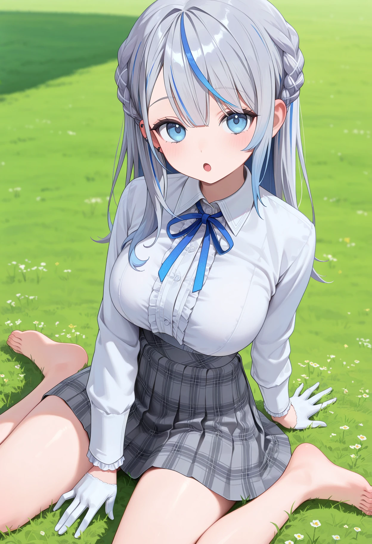 best quality, masterpiece, 1girl, aaruka, long hair, streaked hair, grey hair, braid, ear piercing, blue eyes, school uniform, neck ribbon, center frills, collared shirt, white shirt, long sleeves, white gloves, plaid skirt, grey skirt, <lora:amagai_ruka_ilxl_v1:0.9>, grass, field, wariza, :o, barefoot,