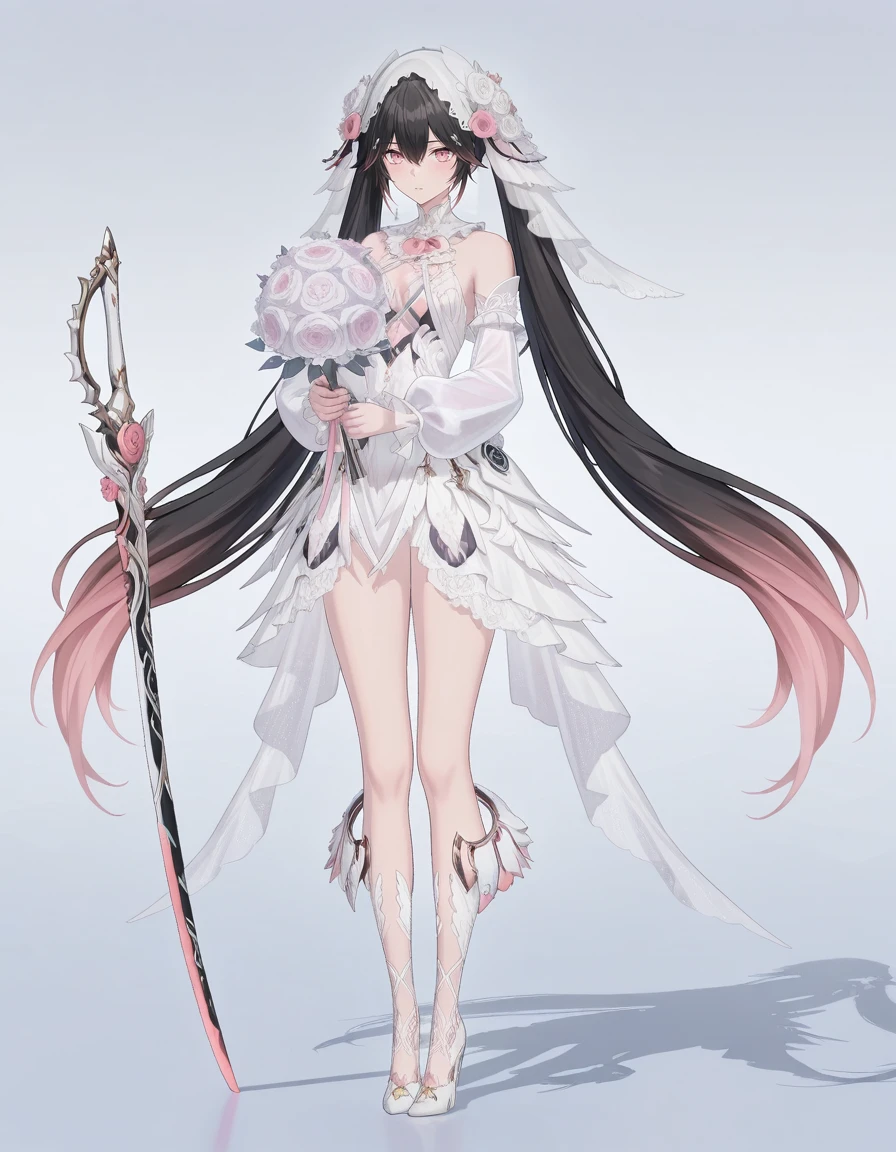 masterpiece,best quality,amazing quality,very aesthetic,high resolution,ultra detailed,perfect details,
mai_prg_lucia_fxcs,1girl, solo, long_hair, looking_at_viewer, black_hair, hair_ornament, dress, holding, hair_between_eyes, bare_shoulders, very_long_hair, twintails, standing, full_body, pink_hair, flower, weapon, multicolored_hair, red_hair, detached_sleeves, sword, hair_flower, pink_eyes, white_dress, high_heels, gradient_hair, shadow, rose, white_flower, veil, bouquet, wedding_dress, bridal_veil, white_rose, holding_bouquet, pink_rose, planted, planted_sword<lora:mai_prg_lucia_fxcs:1>,