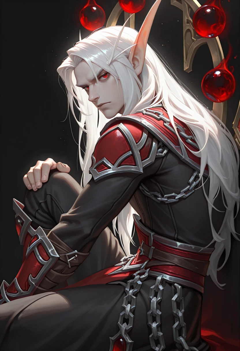 very awa, masterpiece, best quality, absurdres, newest, perfect quality, detailed background, intricate details
<lora:ILWoWKaelthas:1>
WoWKaelthas, 1boy, male focus, pointy ears, long hair, white hair, red eyes, looking at viewer, male focus, sitting, knee up, from the side, black background, back lighting