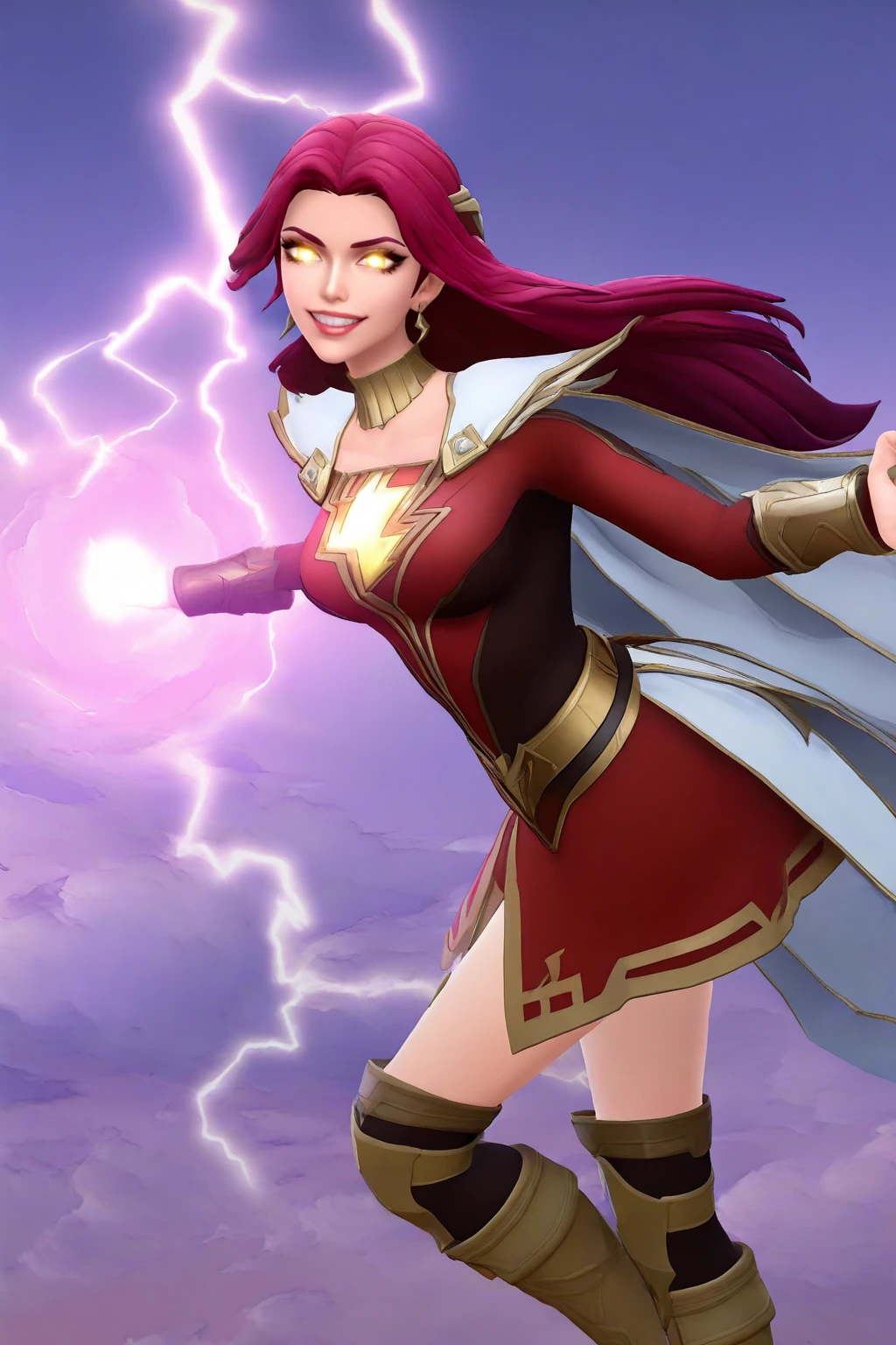masterpiece, good quality, best quality, very awa, very as2, absurdres, highres,
<lora:Wild Rift StyleIlluLYCO:1.2>1girl, solo, breasts, looking at viewer, 3d, earrings,
<lora:Mary MarvelilluLoRA:1>mrymrvl, long hair, cape, top, long sleeves, bracer, belt, skirt, knee boots,
electricity, lightning, glowing, cloud, magic, glowing eyes, yellow eyes, grin, leaning forward, cowboy shot, flying, midair,