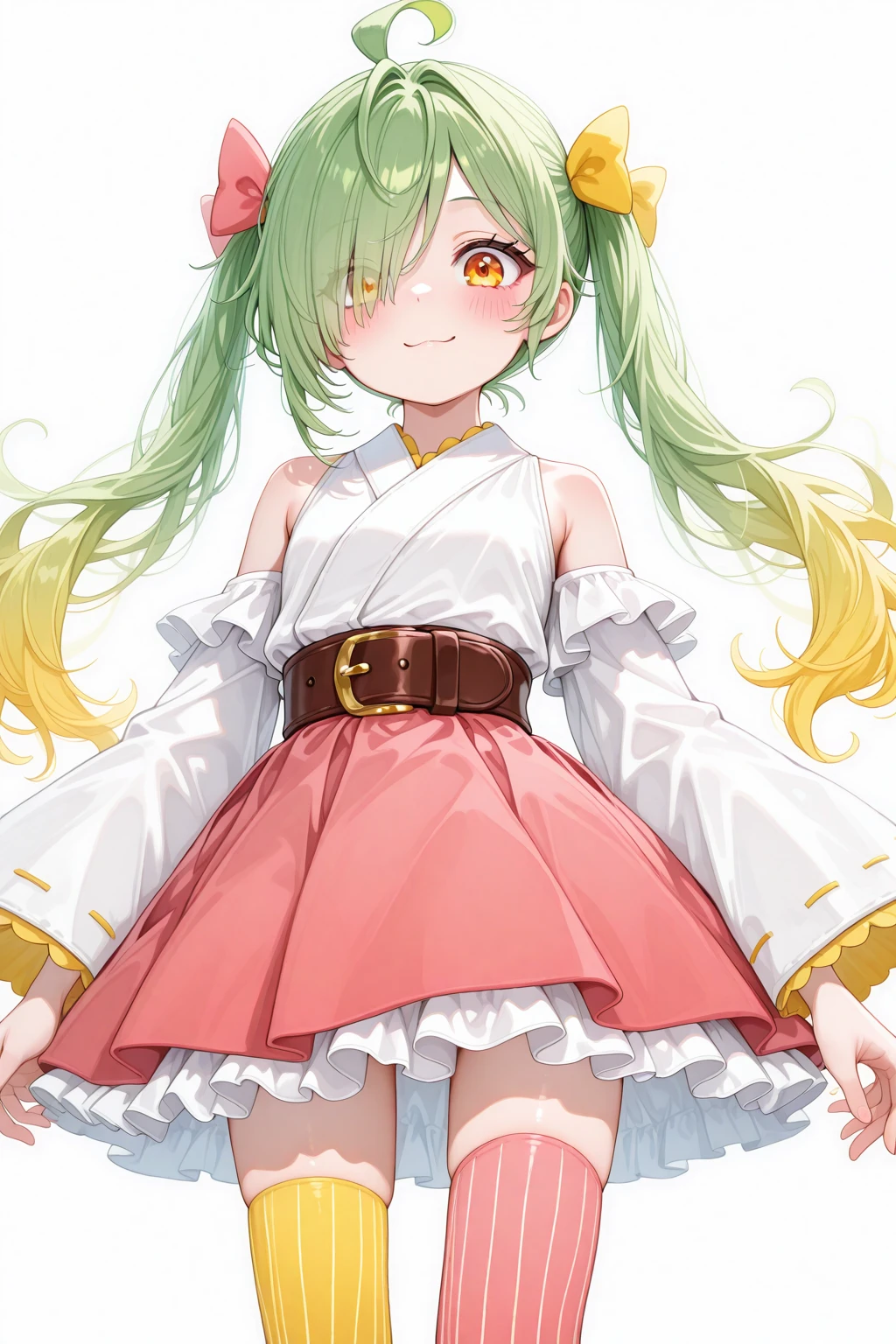 masterpiece, best quality, amazing quality, 1girl, solo, makeup, general, cowboy shot, looking at viewer, blush, dramatic angle, smile, <lora:Yokato_Fu:1>, Yokato_Fu, long hair, green hair, multicolored hair, blonde hair, ahoge, yellow eyes, twintails, hair over one eye, pleated skirt, frilled skirt, pink skirt, miniskirt, frills, japanese clothes, white kimono, vertical-striped clothes, bare shoulders, detached sleeves, white sleeves, off shoulder, sleeveless, long sleeves, wide sleeves, puffy sleeves, striped thighhighs, mismatched legwear, asymmetrical legwear, thighhighs, hair bow, pink bow, yellow bow, brown belt, belt buckle, shoulder cutout, boots, brown footwear, pink thighhighs, striped thighhighs, yellow thighhighs, vertical-striped thighhighs, single thighhigh, zettai ryouiki, <lora:wai-A3-V140:1>, <lora:illustrious_noobai_epsilon_pred_1_masterpieces_v1:1>