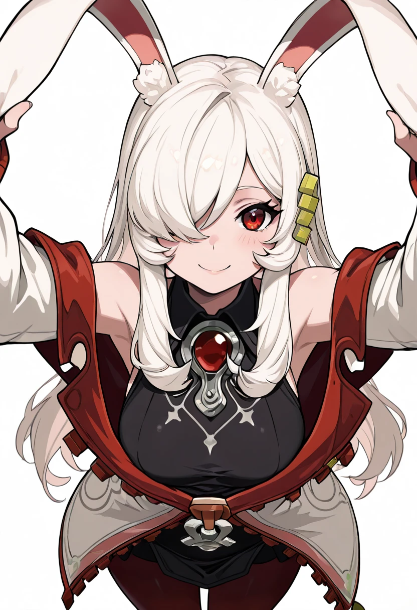 masterpiece, best quality, solo, curvy, beautiful eyes, narrow waist, wide hips, 1girl, solo, smile, looking at viewer, foreshortening, close up, zzKira, red eyes, hair over one eye, white hair, long hair, rabbit ears, bare shoulders, collared shirt, off shoulder, black shirt, sleeveless shirt, white jacket, pantyhose, ,<lora:KiraFateTrigger_IXL:1.0>, , smile, looking at viewer, cowboy shot, <lora:CitronKuroStyle_IXL:0.8>,