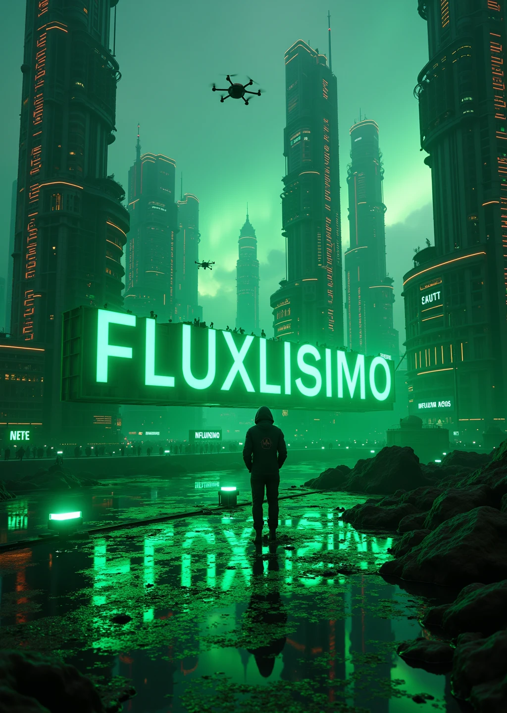 Cyberpunk megacity, 9:16 aspect ratio. Towering 3D letter-skyscrapers spell "FLUXLISIMO v4," made of graphene, glowing with forest green (#008000) neon and crimson accents. Letters hover above a reflective abyss, linked by energy conduits. A hacker in a green-lit (#008000) exosuit stands on a floating platform, visor reflecting "FLUXLISIMO." Drones with bioluminescent trails circle the letters. Low-angle hyper-realistic drone shot captures micro-details: exosuit etchings, neon reflections. Chromatic flares and aurora skies frame "FLUXLISIMO v4" Cinematic cyberpunk masterpiece.
