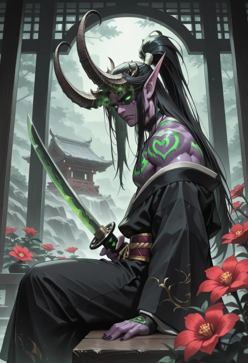 very awa, masterpiece, best quality, absurdres, newest, perfect quality, detailed background, intricate details
<lora:ILWoWIll1dan:1>
WoWIll1dan, 1boy, male focus, pointy ears, glowing eyes, green eyes, black hair, long hair, ponytail, half up, demon horns, demon boy, colored skin, no pupils, holding sword, japanese clothes, katana, black kimono, holding weapon, looking at viewer, sitting, off shoulder, red flower, choker, sash, obi, from side, long sleeves