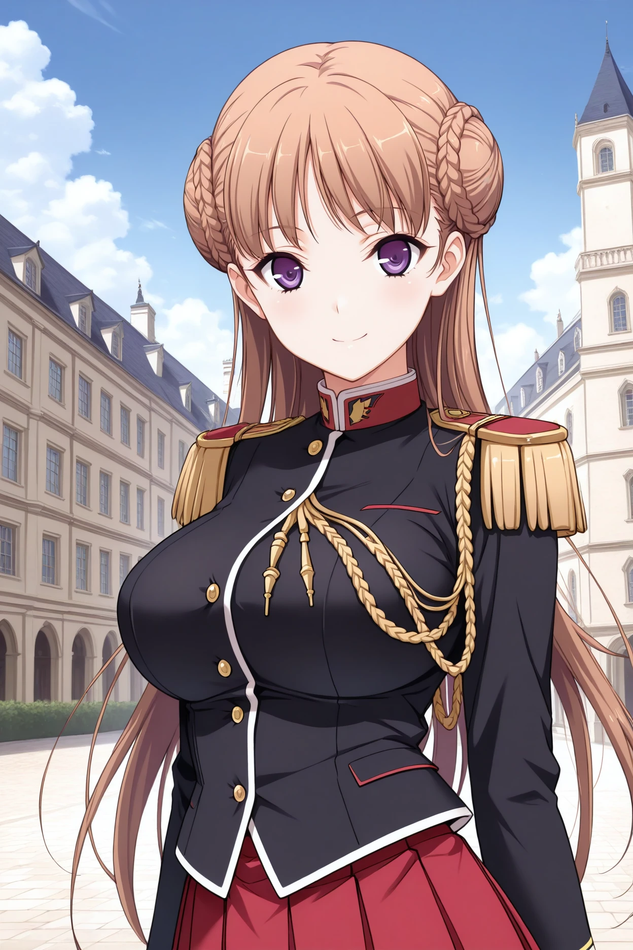 masterpiece, best quality, 1girl, solo, <lora:nmascot-illu-nvwls-v1-000007:1> nmasc, brown hair, very long hair, purple eyes, big breasts, double bun, braided bun, black military uniform, aiguillette, black jacket, gold buttons, epaulettes, pleated skirt, red skirt, upper body, looking at viewer, european architecture, blue sky, clouds, smile