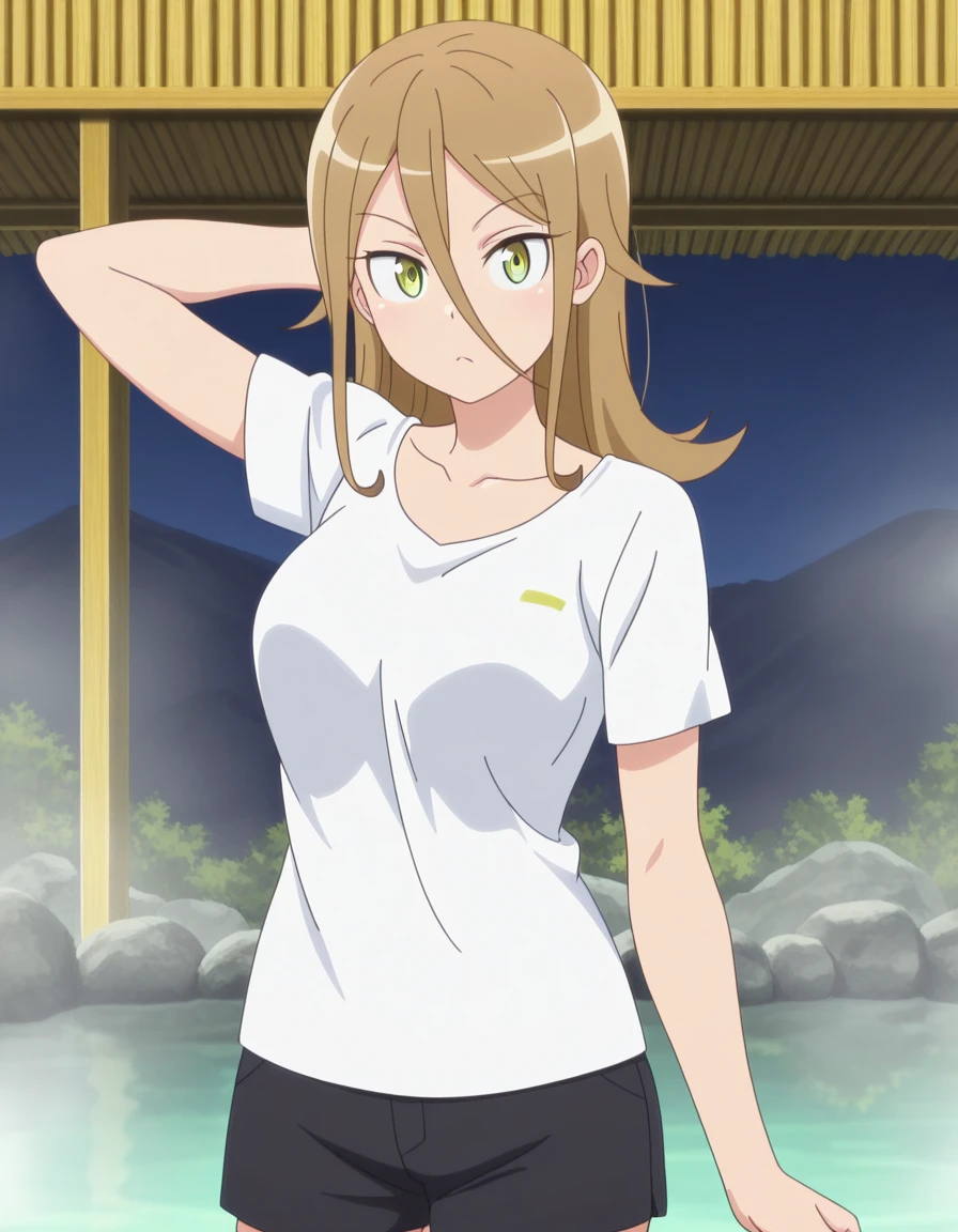 masterpiece, best quality, amazing quality,, <lora:rumika-aina-s1-illustriousxl-lora-nochekaiser:1>, rumika aina, long hair, brown hair, hair between eyes, green eyes, mature female, medium breasts, anime screencap, shirt, white shirt, collarbone, short sleeves, shorts, black shorts,, hand behind head, , onsen, hot_spring, steam, relaxation, traditional, cowboy shot, solo, looking at viewer,