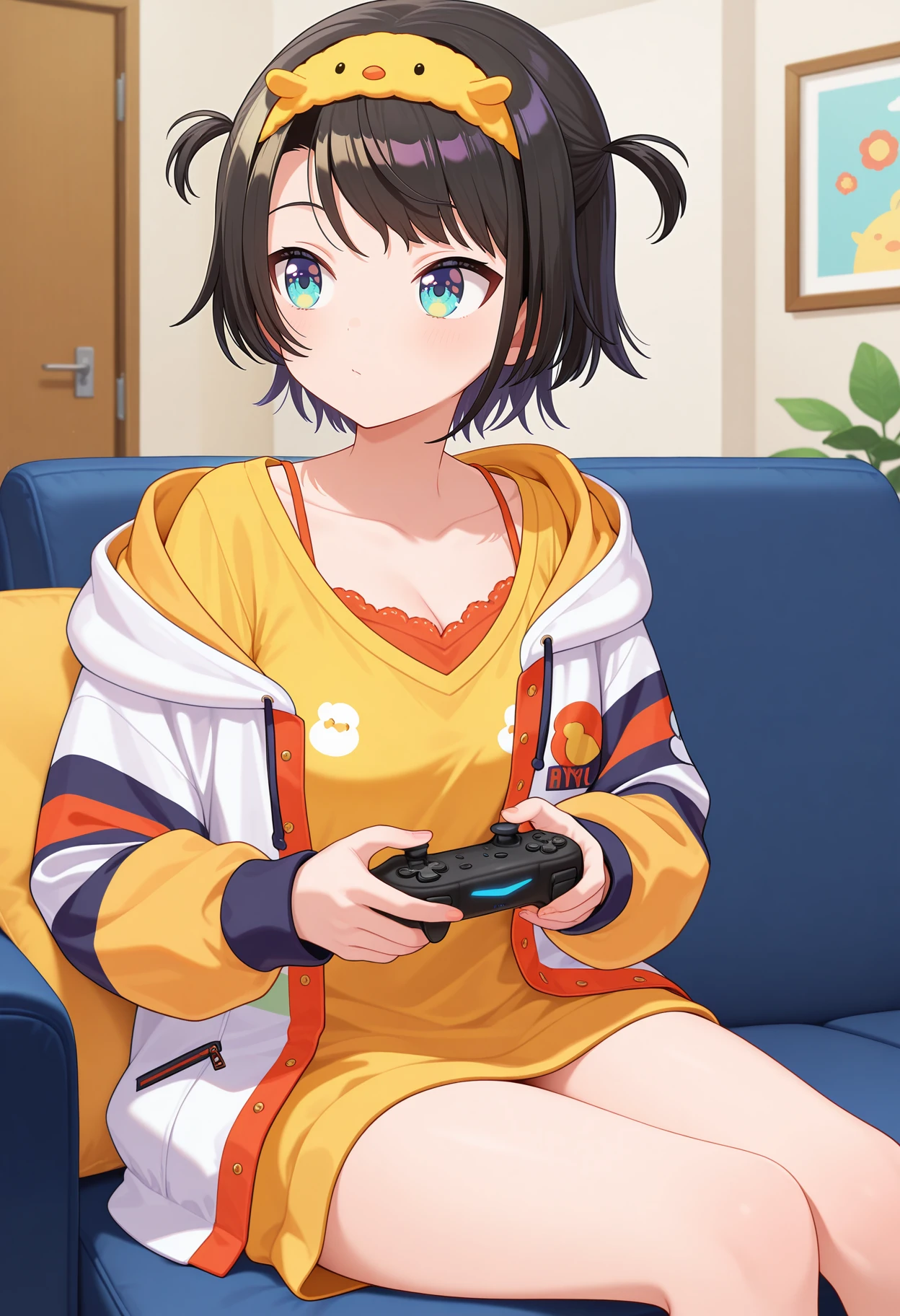 best quality, masterpiece, 1girl, hhsubaru, short hair, black hair, two side up, yellow hairband, yellow shirt, hooded jacket, multicolored jacket, white jacket, yellow jacket, long sleeves, <lora:oozora_subaru_ilxl_v1:0.9>, indoors, living room, sitting, sofa, looking at another, holding game controller,