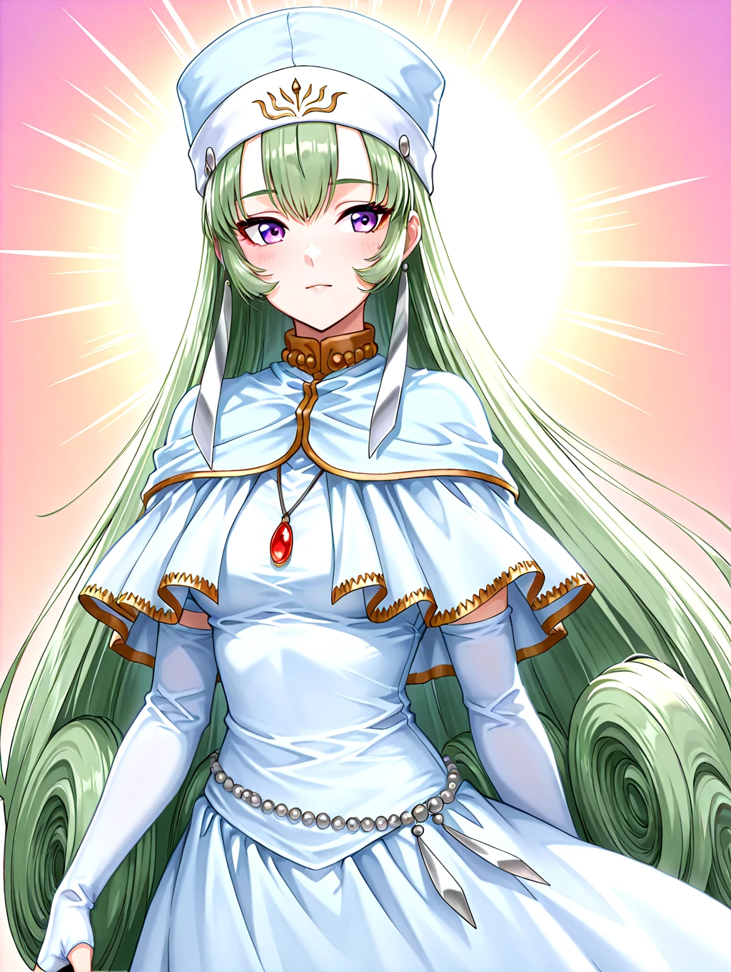<lora:IL-D2SOPHIA:1>,d2sophia,1girl,solo,long hair,hat,green hair,fingerless gloves,dress,elbow gloves,jewelry,long sleeves,purple eyes,white dress,capelet,very long hair,necklace,red gem,