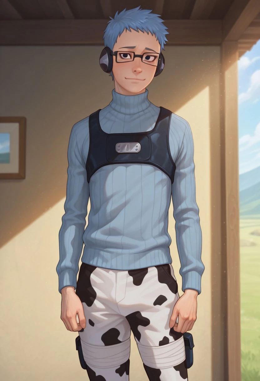masterpiece, high quality, best quality, amazing quality, very aesthetic, absurdres, ultra-detailed, extremely detailed, realistic, volumetric lighting, (male focus, male only), day, depth of field, JackDraws, solo,
1boy, Chojuro, Blue Hair, Black Eyes, Glasses, Ear Protectors, Sharp Teeth, Turtleneck Sweater, Chest Piece, Cow Print Pants, shy smile, masterpiece, best quality, amazing quality, very aesthetic, absurdres, newest, very awa, nude, cute boy, lean, athletic, runner build, photo-realistic detail, atmosphere focused, expressive lighting