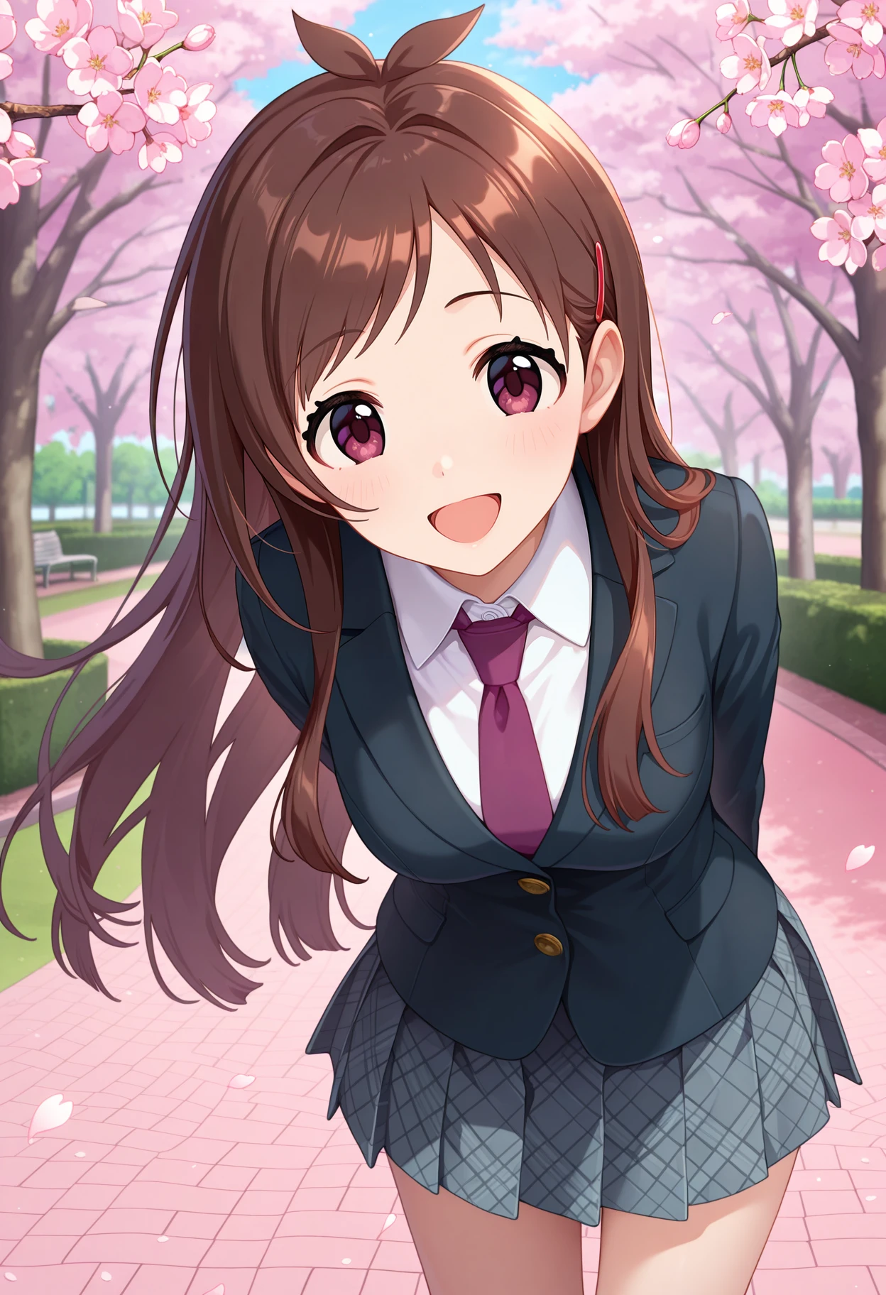 best quality, masterpiece, 1girl, aaakari, long hair, brown hair, antenna hair, hair ornament, purple necktie, collared shirt, white shirt, blazer, black jacket, long sleeves, plaid skirt, grey skirt, <lora:tsujino_akari_ilxl_v1:0.9>, arms behind back, leaning forward, standing, outdoors, open mouth, cherry blossoms, smile, park,