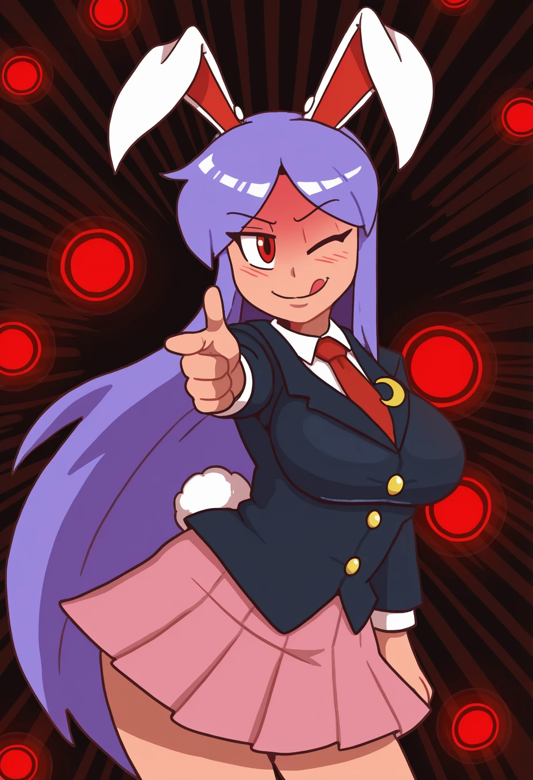 <lora:MCNsKeyKockM:1> MCNsVk0ke,1girl, reisen udongein inaba, pointing at viewer,finger gun, danmaku, animal ears, solo, rabbit ears, long hair, skirt, necktie, tongue, one eye closed, tongue out, jacket, finger gun, crescent, shirt, red necktie, blazer, crescent pin, purple hair, rabbit girl, red eyes, collared shirt, pleated skirt, looking at viewer, smile, cowboy shot, white shirt, long sleeves, tail, very long hair, rabbit tail, ;q, pointing, black jacket, blush, buttons, closed mouth, , striped background,black background,