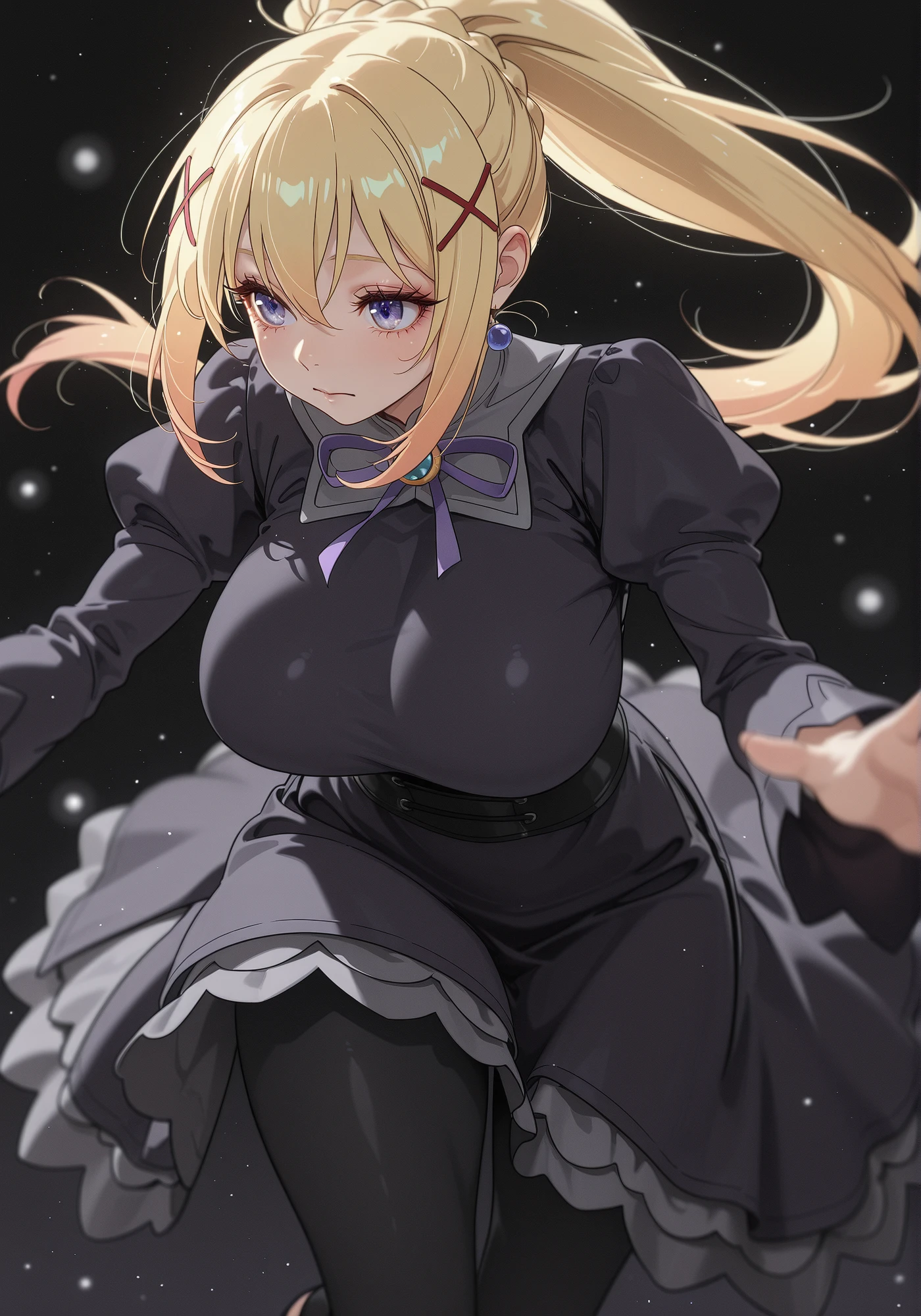 absurdres, anime coloring, anime screenshot, anime in real life, highres, hi res, best quality, masterpiece, 2d, intricate details, 4k,
1girl, solo, female, eyelashes, nose, blonde hair, blue eyes, braid, darkness \(konosuba\), hair ornament, high ponytail, , long hair, ponytail, x hair ornament,
, , , alternate size,
long sleeves, dress, ribbon, purple ribbon, jewelry, earrings, puffy sleeves, black dress, neck ribbon, juliet sleeves, corset, black corset, grey dress, purple dress, black dress, frilled dress, frills,
thighs, pantyhose, black pantyhose, leggings, stirrup legwear, black leggings,
leaning forward,
depth of field, motion blur, original, black background, black theme, particles, light particles, wind, bokeh,