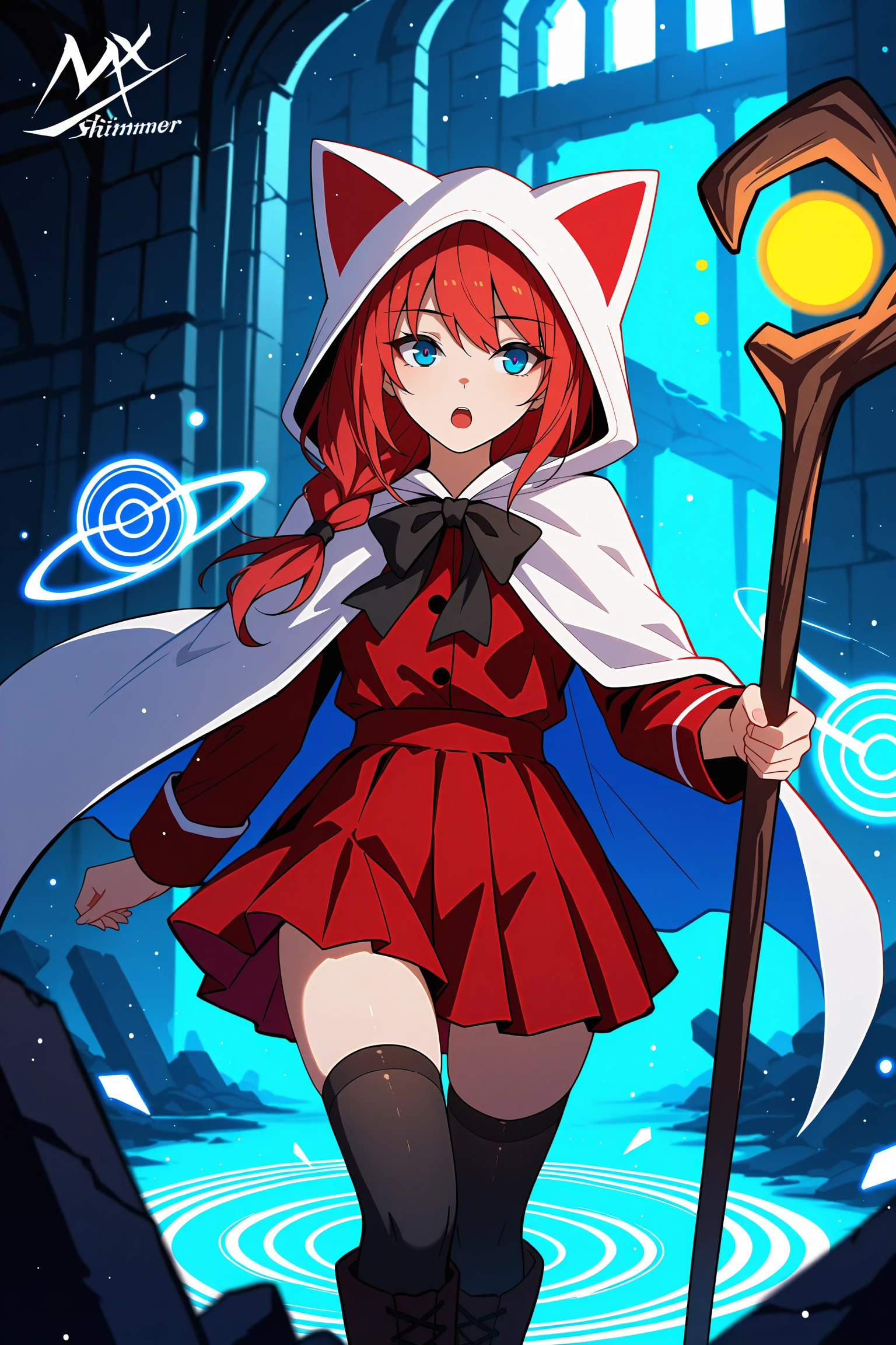 1girl,glowing ruins, divine light, sacred energy, ancient technology, blue glow, radiant architecture, floating magic circles, shimmer particles, mystical atmosphere, soft lighting,
awe-struck expression, slightly open mouth, upward gaze, gentle wind, hair flowing, cape fluttering, standing in light, overwhelmed by power <lora:Devout_V1Dim16alpha4_illustrious:0.9>,devout_cos,cat hood,animal hood,white_cape,chest bow,red jacket,red skirt, thighhighs,boots,staff, masterpiece, best quality, amazing quality, newest,detailed face, beautiful eye