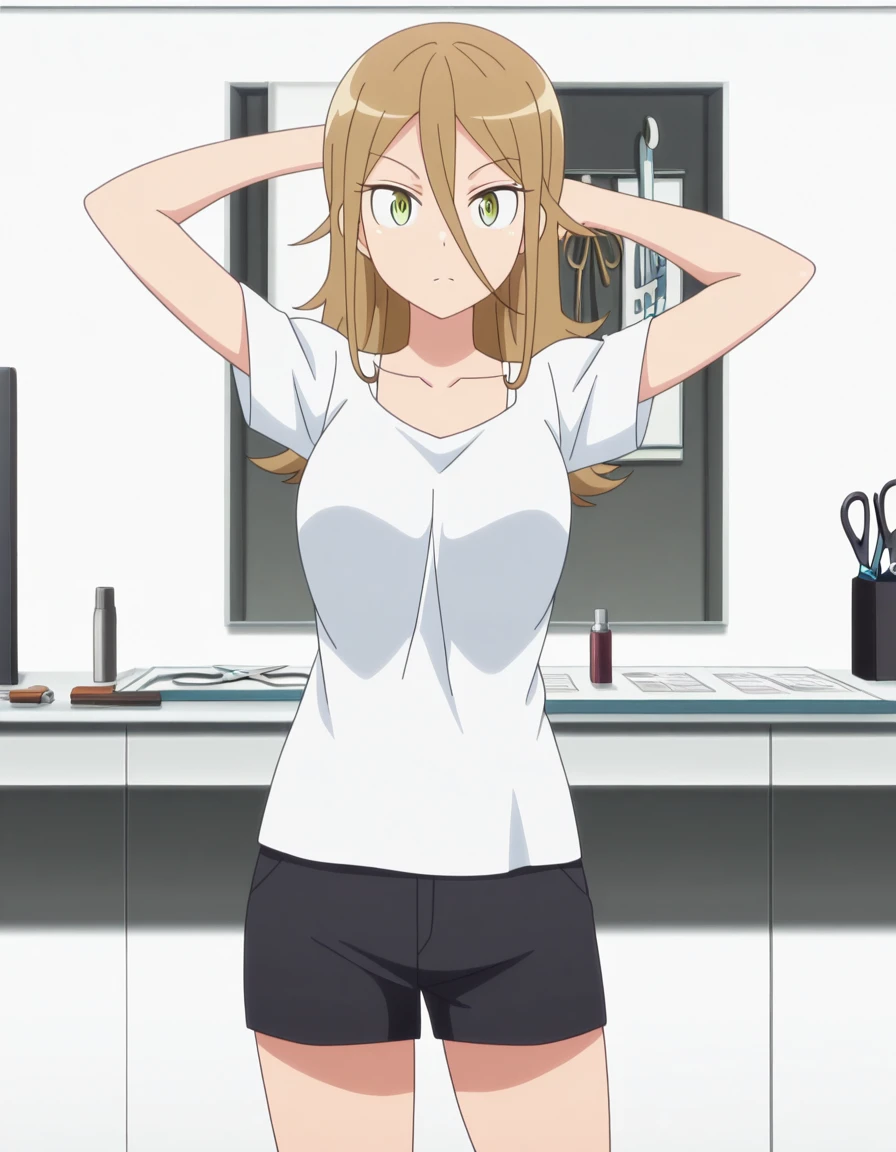 masterpiece, best quality, amazing quality,, <lora:rumika-aina-s1-illustriousxl-lora-nochekaiser:1>, rumika aina, long hair, brown hair, hair between eyes, green eyes, mature female, medium breasts, anime screencap, shirt, white shirt, collarbone, short sleeves, shorts, black shorts,, hand behind head, , salon, chairs, mirrors, scissors, beauty, cowboy shot, solo, looking at viewer,