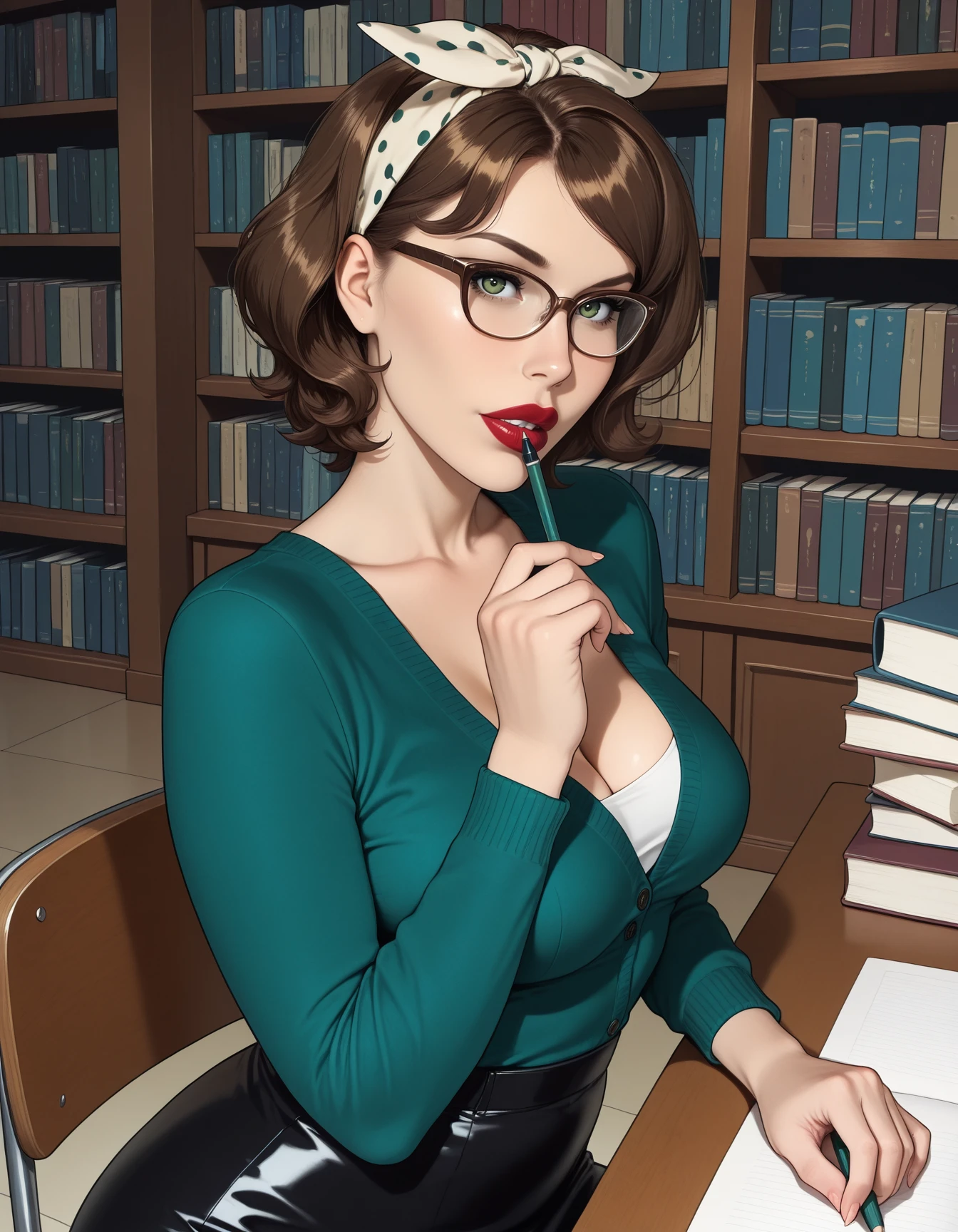 1girl, cowboy shot, leather pencil skirt, red lips, horn-rimmed glasses, cardigan, indoors, library, sitting, desk, curled low ponytail, upper body, hairband, hairbow, parted lips, medium breasts <lora:Rockabilly-ILXL-000005:1> <lora:Char_bh6-AuntCass-ILXL:0.7> ssanua, brown hair, short hair, green eyes, brown eyes, mature female, holding pencil, biting pencil, looking at viewer, sideglance, masterpiece, best quality, very aesthetic, newest