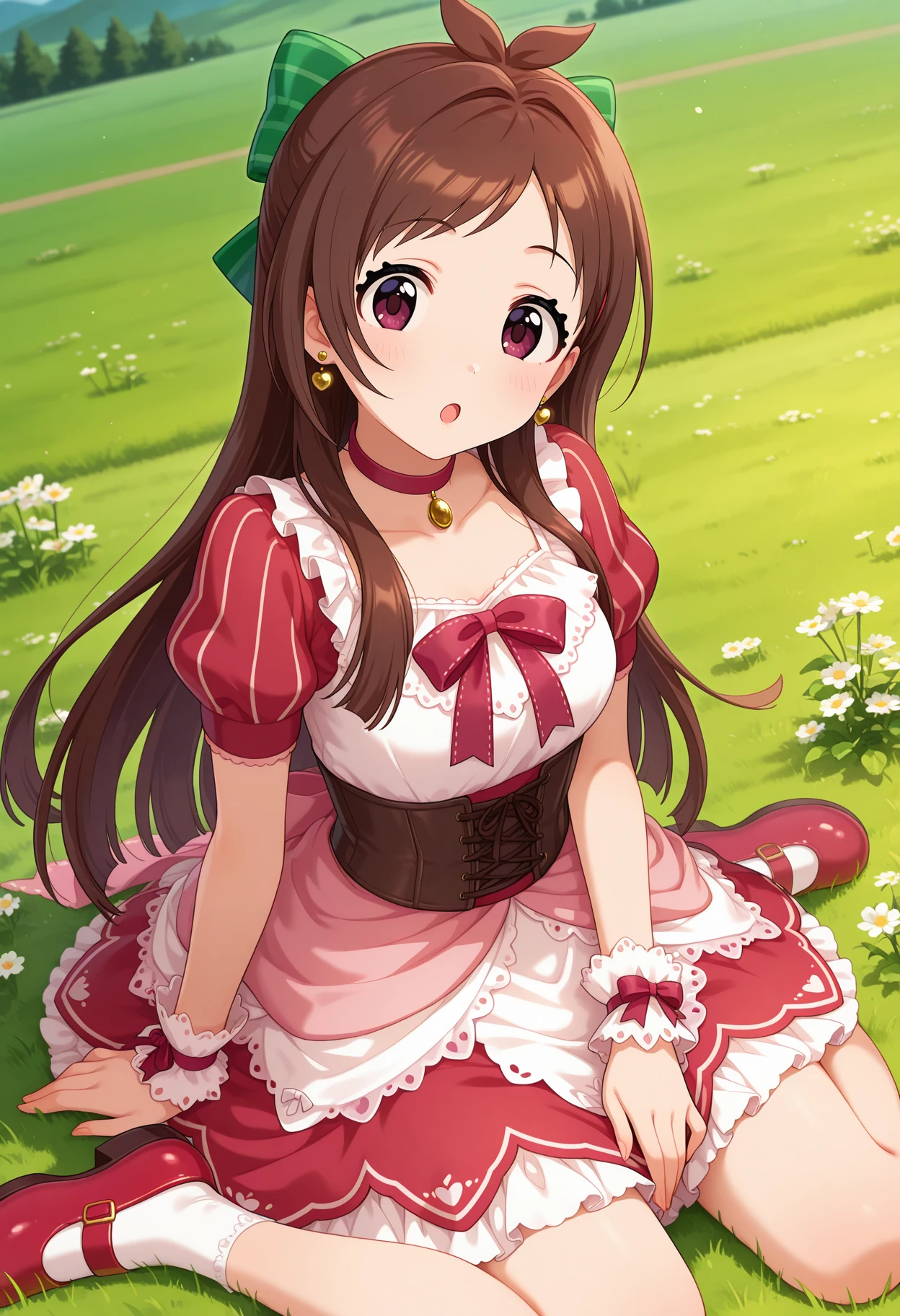 best quality, masterpiece, 1girl, aaakari, long hair, brown hair, antenna hair, hair bow, green bow, earrings, red choker, red bowtie, two-tone dress, red dress, white dress, puffy short sleeves, wrist cuffs, brown corset, <lora:tsujino_akari_ilxl_v1:0.9>, grass, field, wariza, :o, white socks, mary janes, red footwear,