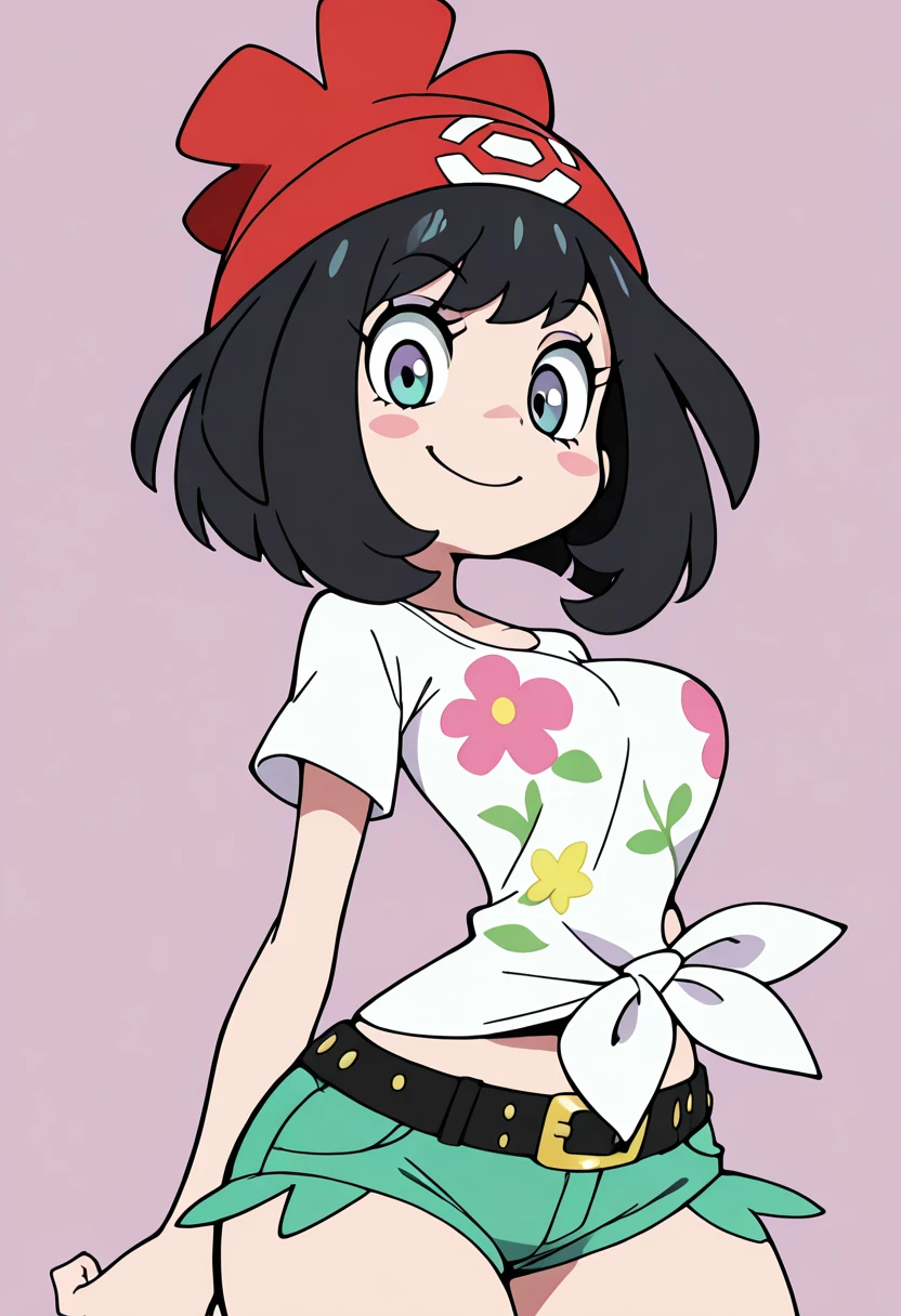 masterpiece, best quality, solo, curvy, beautiful eyes, narrow waist, wide hips, 1girl, solo, smile, looking at viewer, foreshortening, close up, ,<lora:PinkLemonadeStyle_IXL_v1:1.0>, BREAK, zzSelene, 1girl, solo, black hair, green shorts, red headwear, beanie, shirt, tied shirt, floral print, short hair, short sleeves, short shorts, striped, white shirt, belt, <lora:SeleneIXL:1.0>,