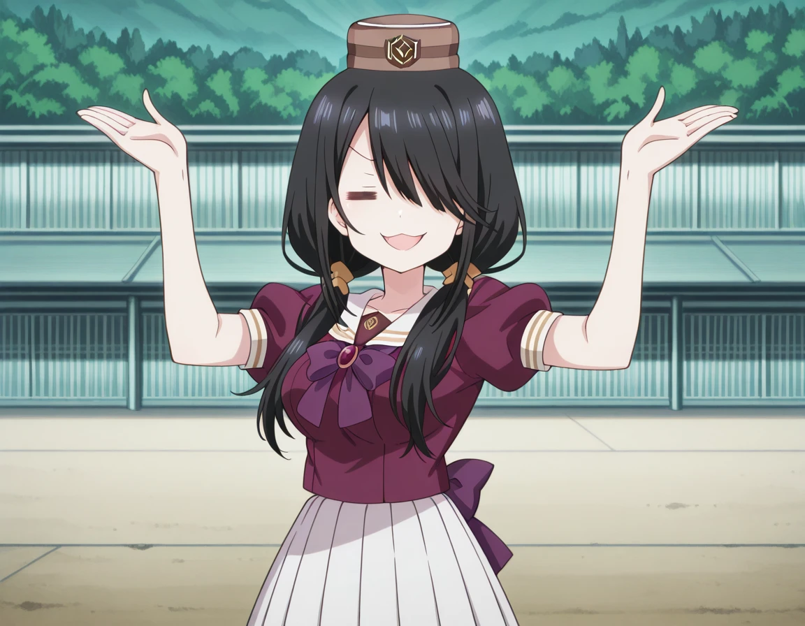masterpiece, best quality, amazing quality,, <lora:kurumi-tokisaki-s2-illustriousxl-lora-nochekaiser:1>, kurumi tokisaki, black hair, long hair, hair over one eye, twintails, low twintails, mature female, medium breasts, anime screencap, <lora:gold-ship-radar-alert-illustriousxl-lora-nochekaiser:1>, gold ship radar alert, = =, solo, smile, open mouth, smug, looking at viewer, straight-on, shirt, skirt, hat, bow, closed eyes, short sleeves, outdoors, pleated skirt, puffy sleeves, bowtie, sailor collar, puffy short sleeves, white skirt, parody, purple bow, purple shirt, brown headwear, sailor shirt, purple bowtie, pillbox hat, hands up, , , ,