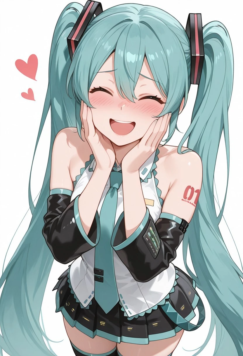 solo, upper body, woman, hatsune miku, absurdly long hair,aqua hair,twintails,hair ornament,sidelocks,hair between eyes,parted bangs,aqua eyes, white shirt,collared shirt,bare shoulders,sleeveless shirt,aqua necktie,detached sleeves,black sleeves,shoulder tattoo,fringe,miniskirt,pleated skirt,zettai ryouiki, kilig_pose, hands on own cheeks, open mouth, smile, closed eyes, blush, white background, masterpiece, 4k resolution, anime