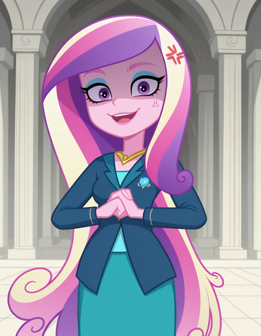 masterpiece, best quality, amazing quality,, <lora:dean-cadance-movie-illustriousxl-lora-nochekaiser:1>, cadance, long hair, very long hair, purple eyes, pink hair, purple hair, multicolored hair, two-tone hair, eyelashes, makeup, eyeshadow, skirt, formal, suit,, <lora:cracking-knuckles-illustriousxl-lora-nochekaiser:1>, cracking knuckles, shaded face, open mouth, looking at viewer, looking down, fist in hand, own hands together, anger vein, false smile,, Man-made, architecture, structures, civilization, urban, cowboy shot, solo, looking at viewer,