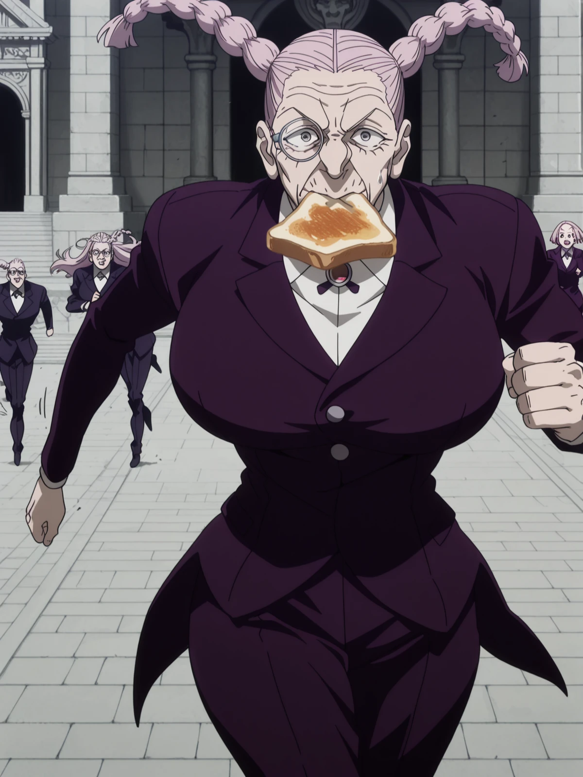 masterpiece, best quality, amazing quality,, <lora:hxh-tsubone-anime-illustriousxl-lora-nochekaiser:1>, hxh tsubone, long hair, braid, facial hair, old, pink hair, glasses, monocle, wrinkled skin, broad shoulders, mature female, , anime screencap,, shirt, long sleeves, jacket, white shirt, collared shirt, pants, formal, suit,, <lora:food-in-mouth-running-illustriousxl-lora-nochekaiser:1>, food in mouth running, food in mouth, running, bread, bread slice, food, toast in mouth, toast, sweatdrop, motion lines, motion blur, outdoors,, temple, holy, sacred, religion, traditional, cowboy shot, solo, looking at viewer,
