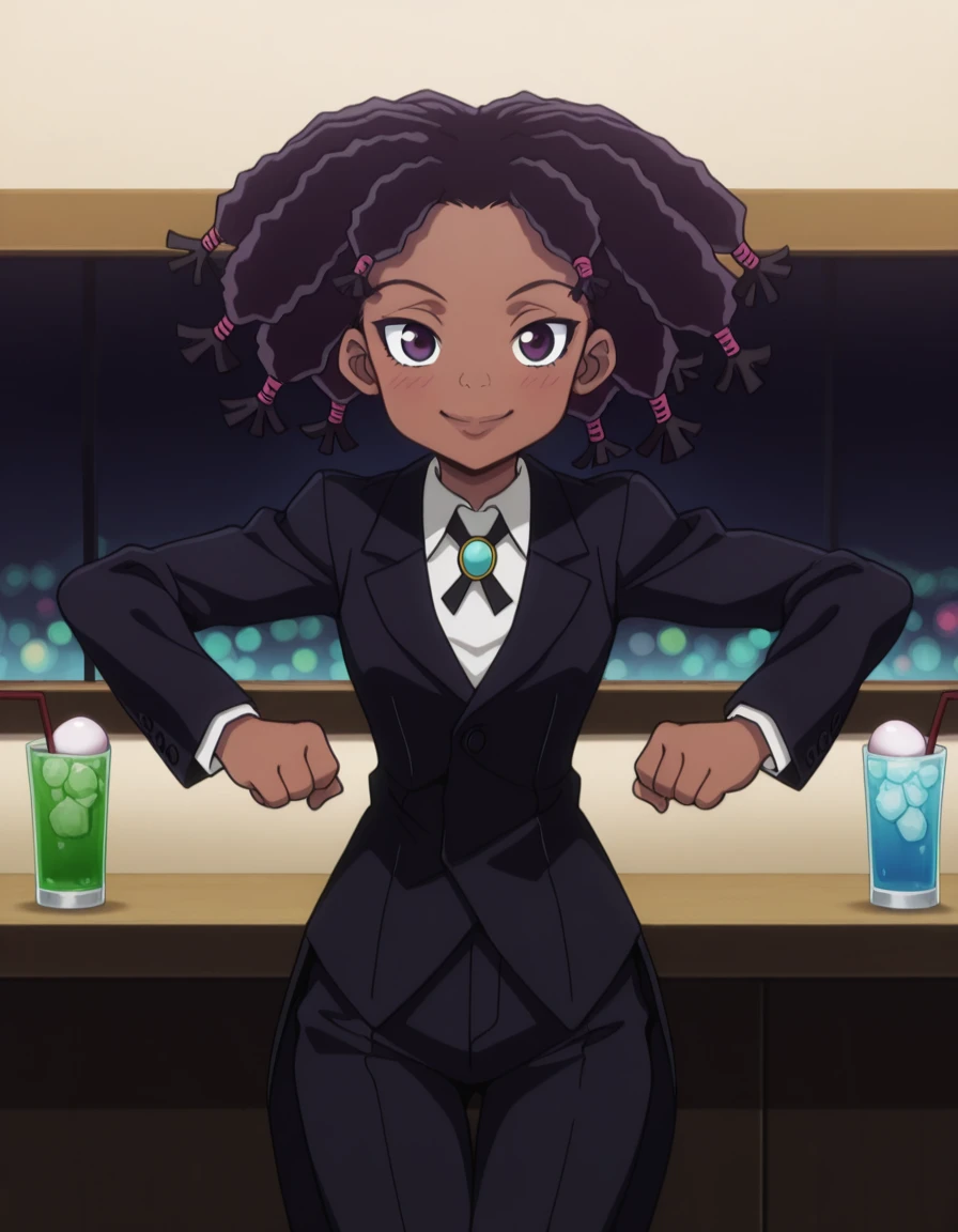 masterpiece, best quality, amazing quality,, <lora:hxh-canary-anime-illustriousxl-lora-nochekaiser:1>, hxh canary, black hair, dark skin, black eyes, dark-skinned female, dreadlocks, anime screencap,, jewelry, pants, formal, suit,, <lora:mochi-mochi-dance-illustriousxl-lora-nochekaiser:1>, mochi mochi dance, clenched hands, hands up, smile, blush, bar, drinks, stools, counter, nightlife, cowboy shot, solo, looking at viewer,