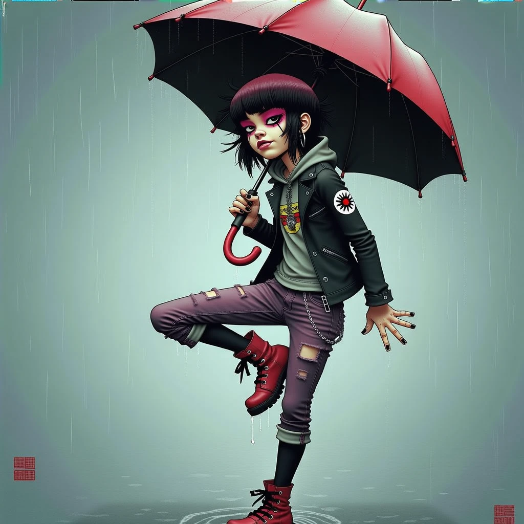 Jamie Hewlett style.  Girl wearing stylish punk clothing.  She is dancing in the rain with an umbrella. 