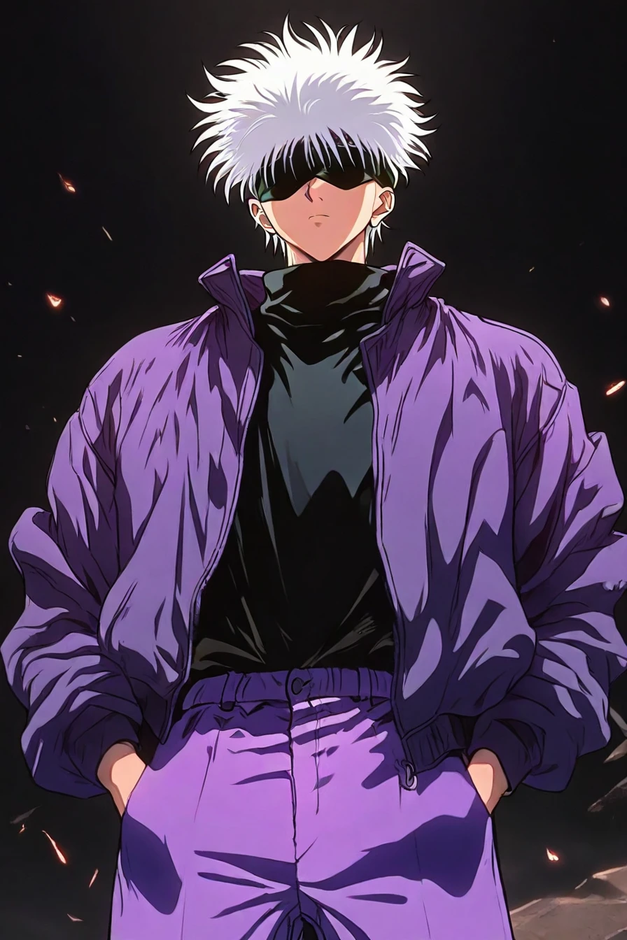 gojou satoru, white hair, purple pants, high collar, blindfold, covered eyes, black blindfold, purple jacket, purple pants, 1boy, solo, alone,<lora:yu_yu_hakusho_style_illustriousXL-000015:1>, yu_yu_hakusho_style, masterpiece, highres