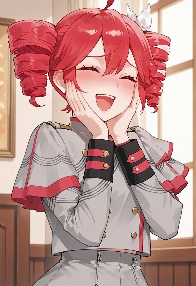 solo, upper body, woman, kteto, girl, short hair, drill hair, parade uniform, long sleeves, skirt, kilig_pose, hands on own cheeks, open mouth, closed eyes, blush, smile, room, masterpiece, 4k resolution, anime