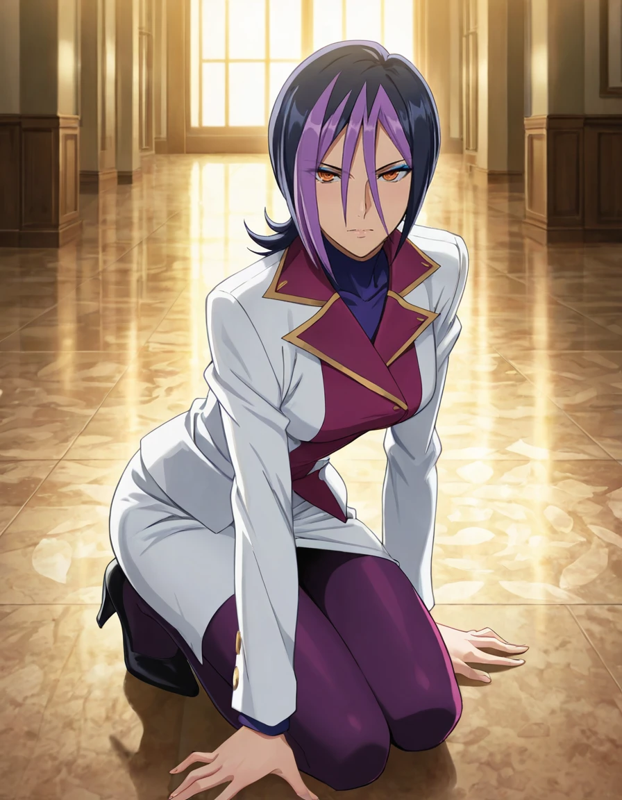 <lora:Droite_SDXL_IL_V1-000015:0.7>,d2o2t1,1girl,solo,short hair,black hair,purple hair,dyed bangs,hair between eyes,orange eyes,blue eyeshadow,white blazer,white pencil skirt,pink collar,purple fabric,purple bodysuit,bodysuit under clothes,purple pantyhose,black high heels,
looking_at_viewer,available light,indoors,kneeling,hand on floor, Best quality,masterpiece,soft light,official art,masterpiece,high quality,highres,absurdres,best quality,epic scene,natural textures,16k, masterpiece, absurdes, highly detailed, highres, high quality, best quality, score_9, score_8_up, score_7_up, source_anime, masterpiece, perfect face, perfect eyes,(extremely detailed face),Smooth Quality,