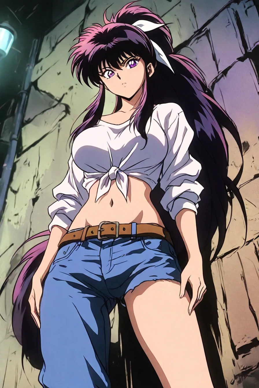 looking at the viewer, asymmetrical clothes, navel, purple eyes, very long hair, tied shirt, midriff, hair ribbon, single pantsleg, white shirt, ponytail, black hair, large breasts, jeans, white ribbon, brown belt, purple hair, asymmetrical legwear, 1girl, solo, alone, <lora:yu_yu_hakusho_style_illustriousXL-000015:1>, yu_yu_hakusho_style, masterpiece, highres