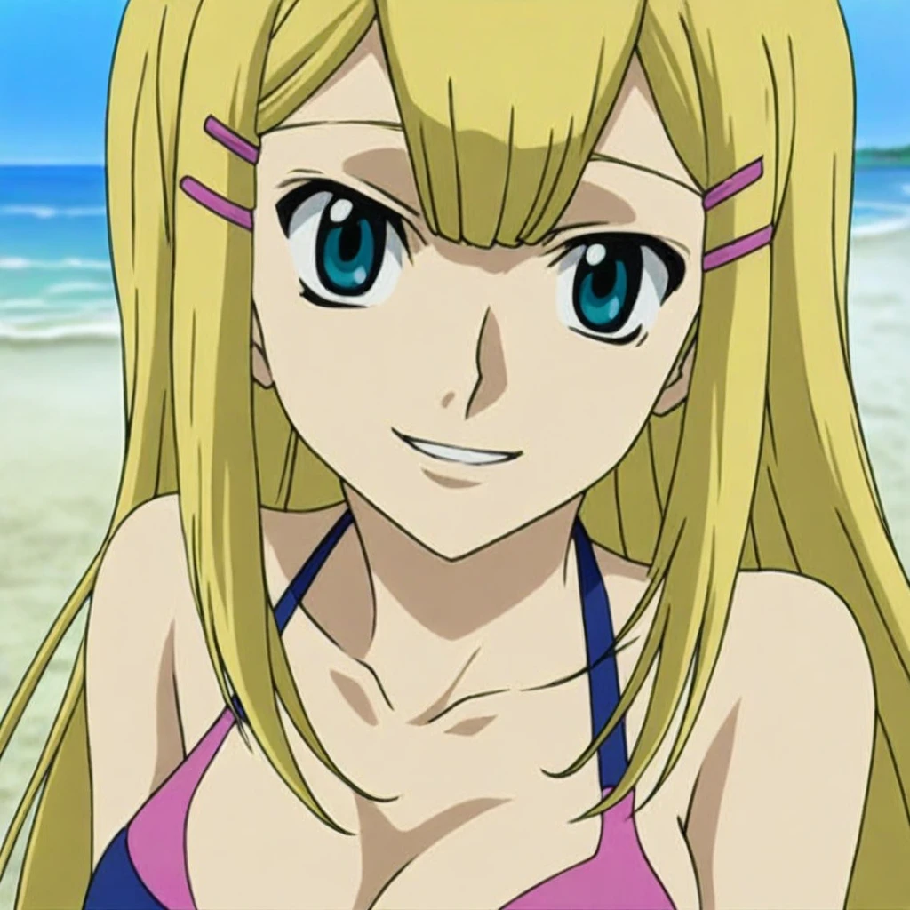 masterpiece, (((best quality))), anime art style, Liliana, ((shoulder-length wavy blonde hair)), (blue eyes), (((large breasts))), (((pink bikini))), playing on the beach, navel uncovered, chest in sight, legs in the sand, (((full body sensual))), sensual body curves