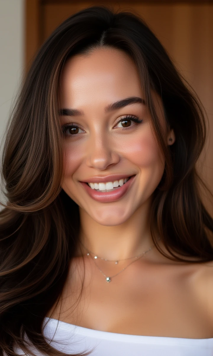 Professional studio headshot portrait photo of a beautiful fair woman sia with long, voluminous, hair with a subtle sense of motion and big round boobs. she is positioned against a solid background. She has a radiant, confident, and engaging smile. The woman is wearing a loose, off-the-shoulder top. The diffuce lighting highlights the woman's features and creates a warm, slightly soft glow. The background contrasts sharply with her skin and clothing, emphasizing her appearance. Captured with a high-end DSLR camera and a classic 85mm f/1.4 portrait lens. Set the aperture to f/2.8 for a shallow depth of field, ensuring her face is tack-sharp while the background is smoothly out of focus. The composition is a classic, tight headshot, focusing on her expressive face. Photorealistic, highly detailed, impeccable skin texture. no make up