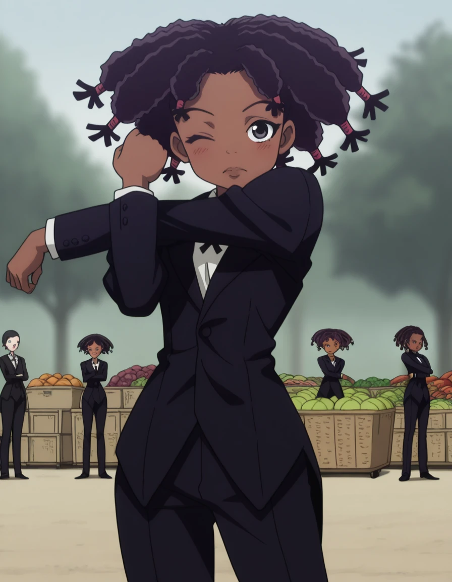 masterpiece, best quality, amazing quality,, <lora:hxh-canary-anime-illustriousxl-lora-nochekaiser:1>, hxh canary, black hair, dark skin, black eyes, dark-skinned female, dreadlocks, anime screencap,, jewelry, pants, formal, suit,, <lora:cross-body-stretch-illustriousxl-lora-nochekaiser:1>, cross-body stretch, stretching, arm across chest, exercising, cowboy shot, blush, one eye closed, farmers market, fresh produce, local vendors, baskets, sunny day, community, cowboy shot, solo, looking at viewer,