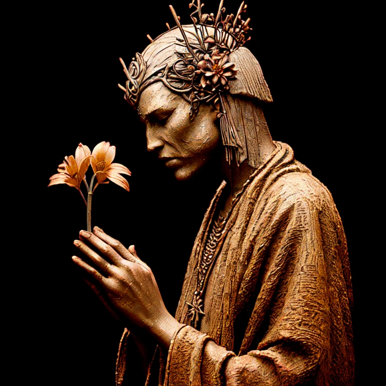 <lora:Dystopian_Mythology_Fantasy:1> Dystopian Mythology Fantasy, The image shows a bronze sculpture of a woman with a crown on her head holding a plant in her hand against a black background., solo, black background, crown, holding, simple background, 1boy, flower, male focus, upper body, praying